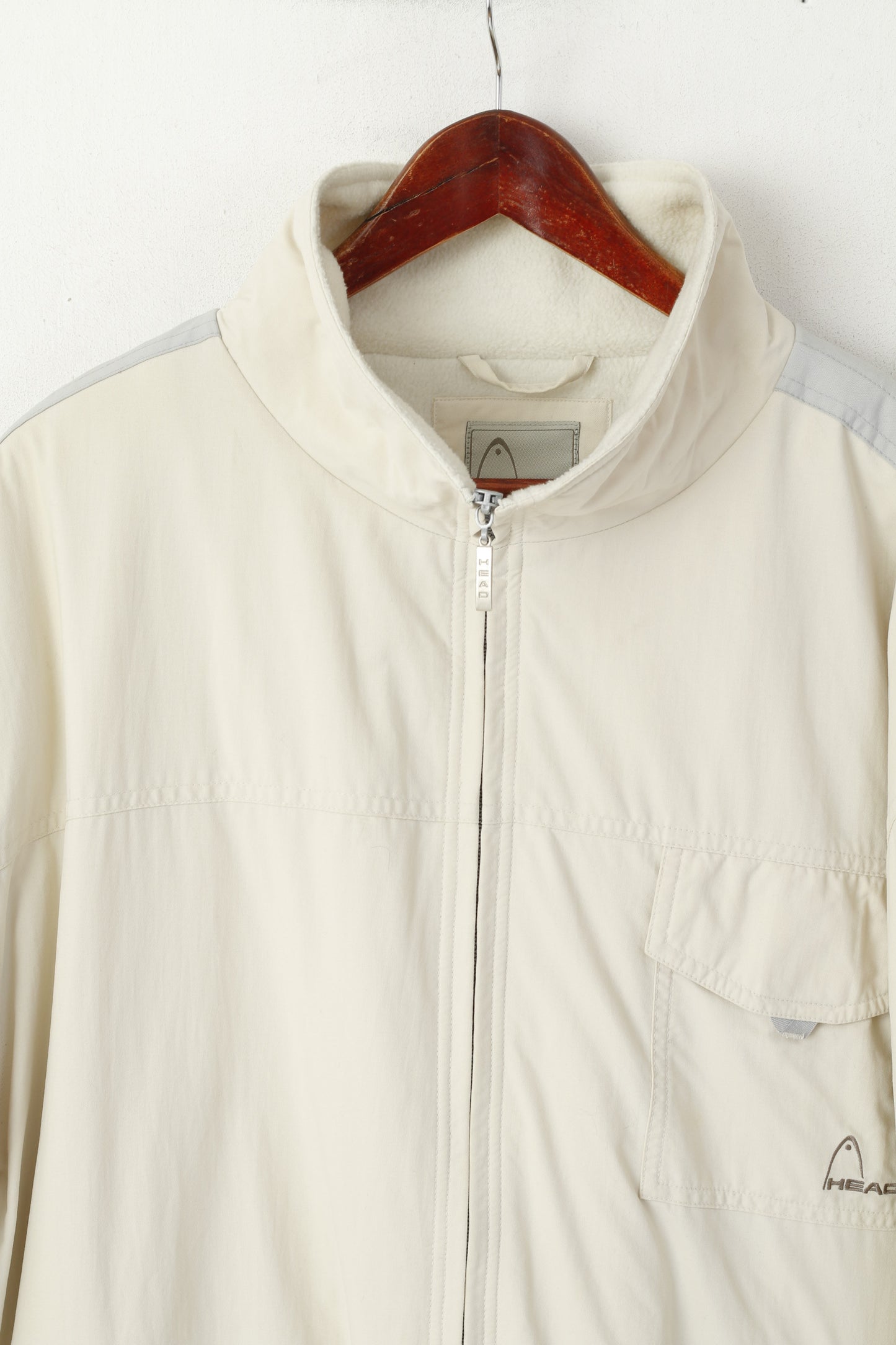 Head Men L Jacket Beige Vintage Fleece Lined Nylon Winter Pockets Full Zipper Top