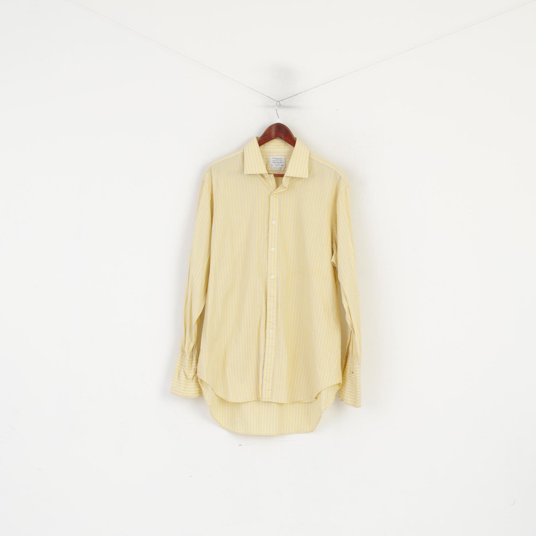 T.M Lewin Men 17.5 34.5 XXL Formal Shirt Yellow Cotton Striped Cuff Finest Two-Fold Top