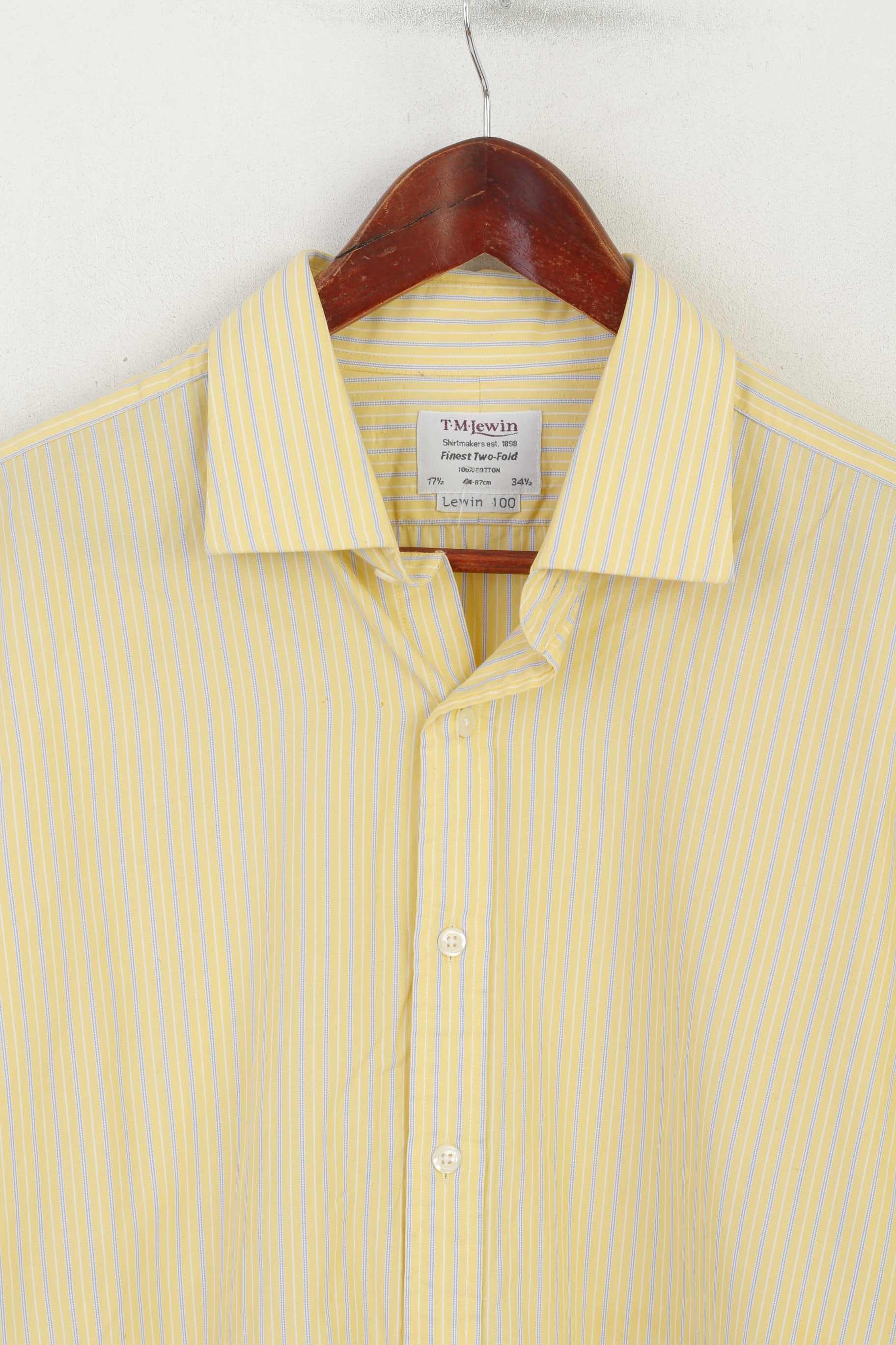 T.M Lewin Men 17.5 34.5 XXL Formal Shirt Yellow Cotton Striped Cuff Finest Two-Fold Top