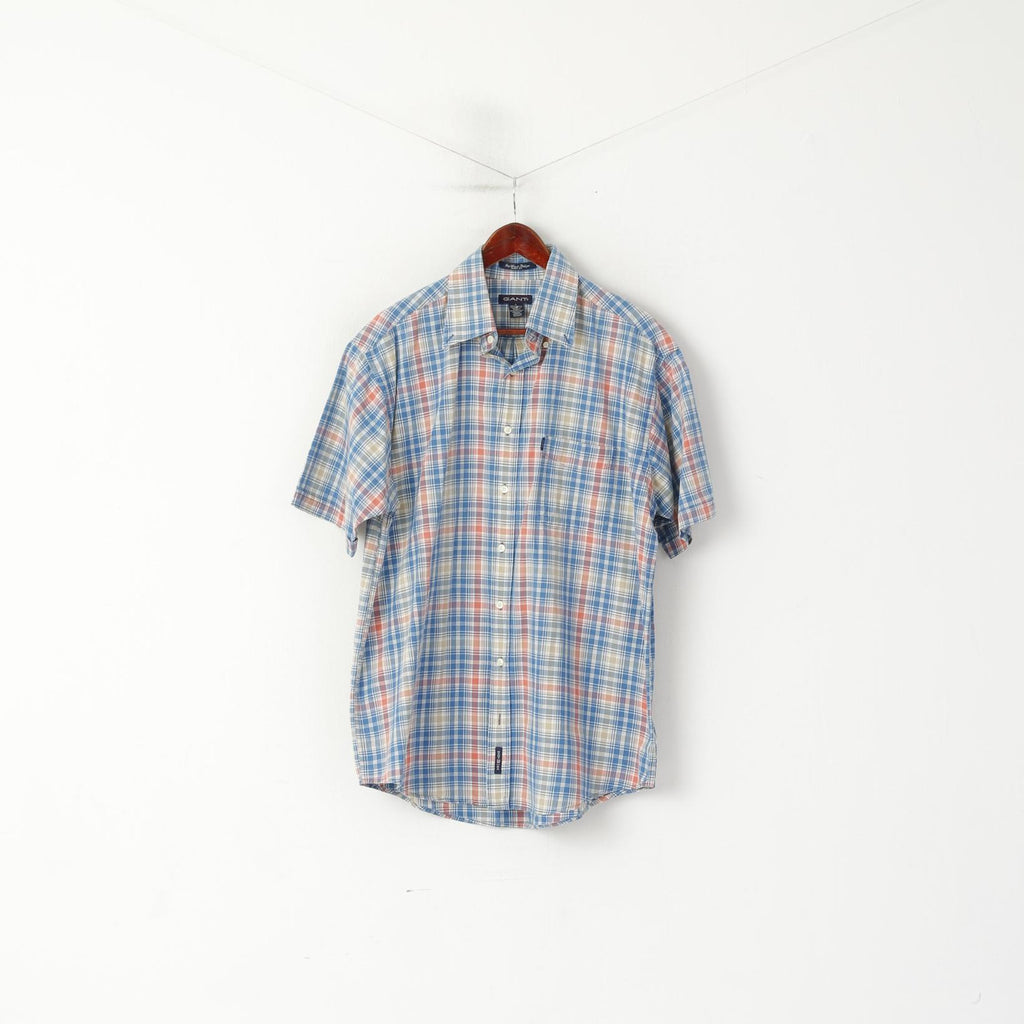 Gant Men L Casual Shirt Blue Check Key West Indigo Sport Fit Short Sleeve Top