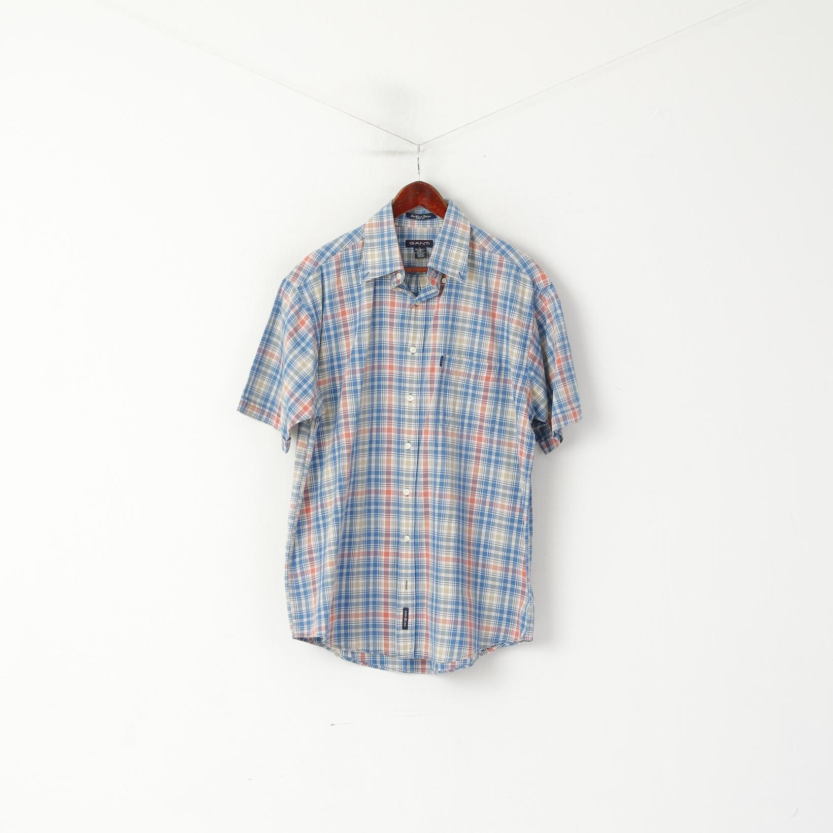 Gant Men L Casual Shirt Blue Check Key West Indigo Sport Fit Short Sleeve Top