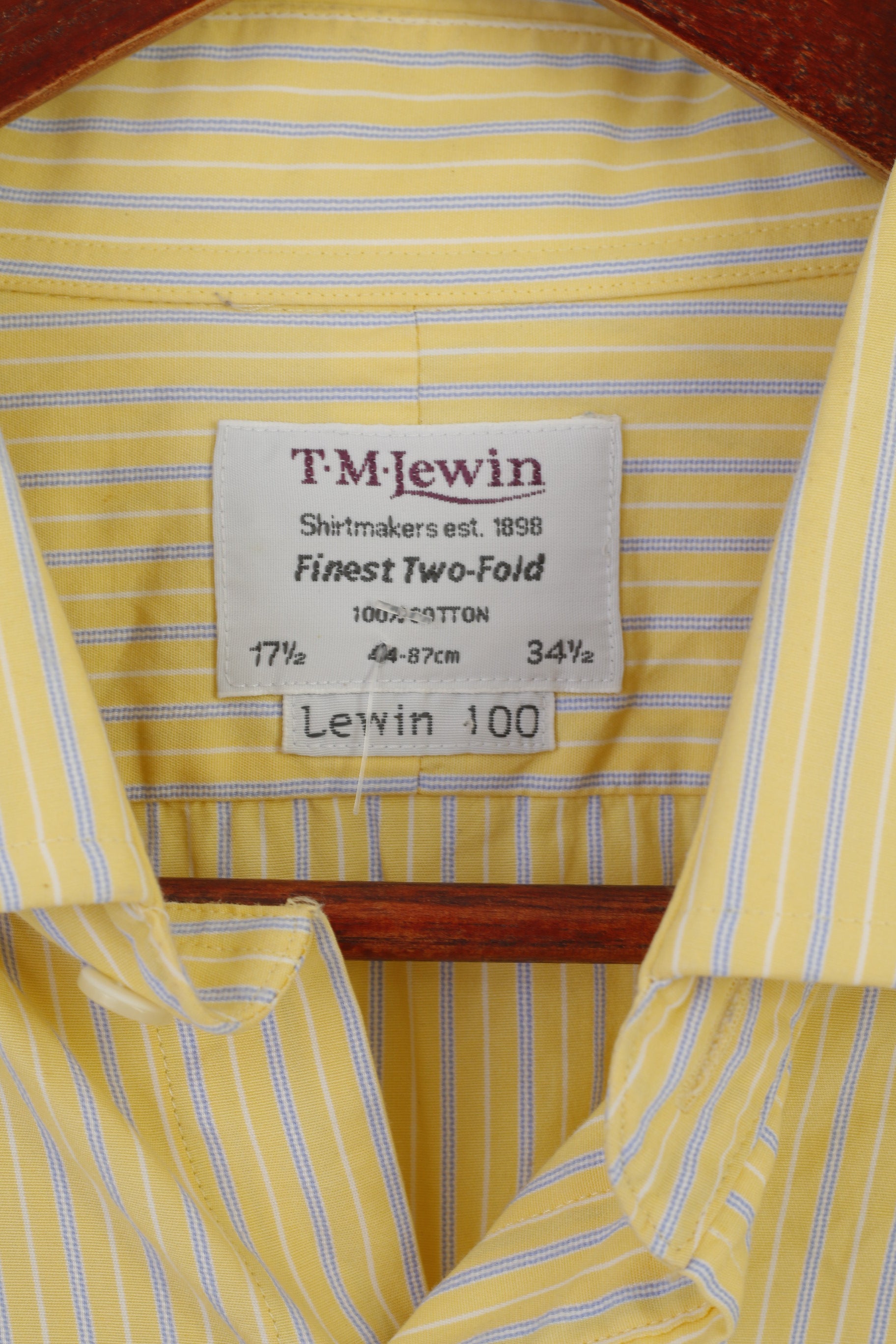 T.M Lewin Men 17.5 34.5 XXL Formal Shirt Yellow Cotton Striped Cuff Finest Two-Fold Top