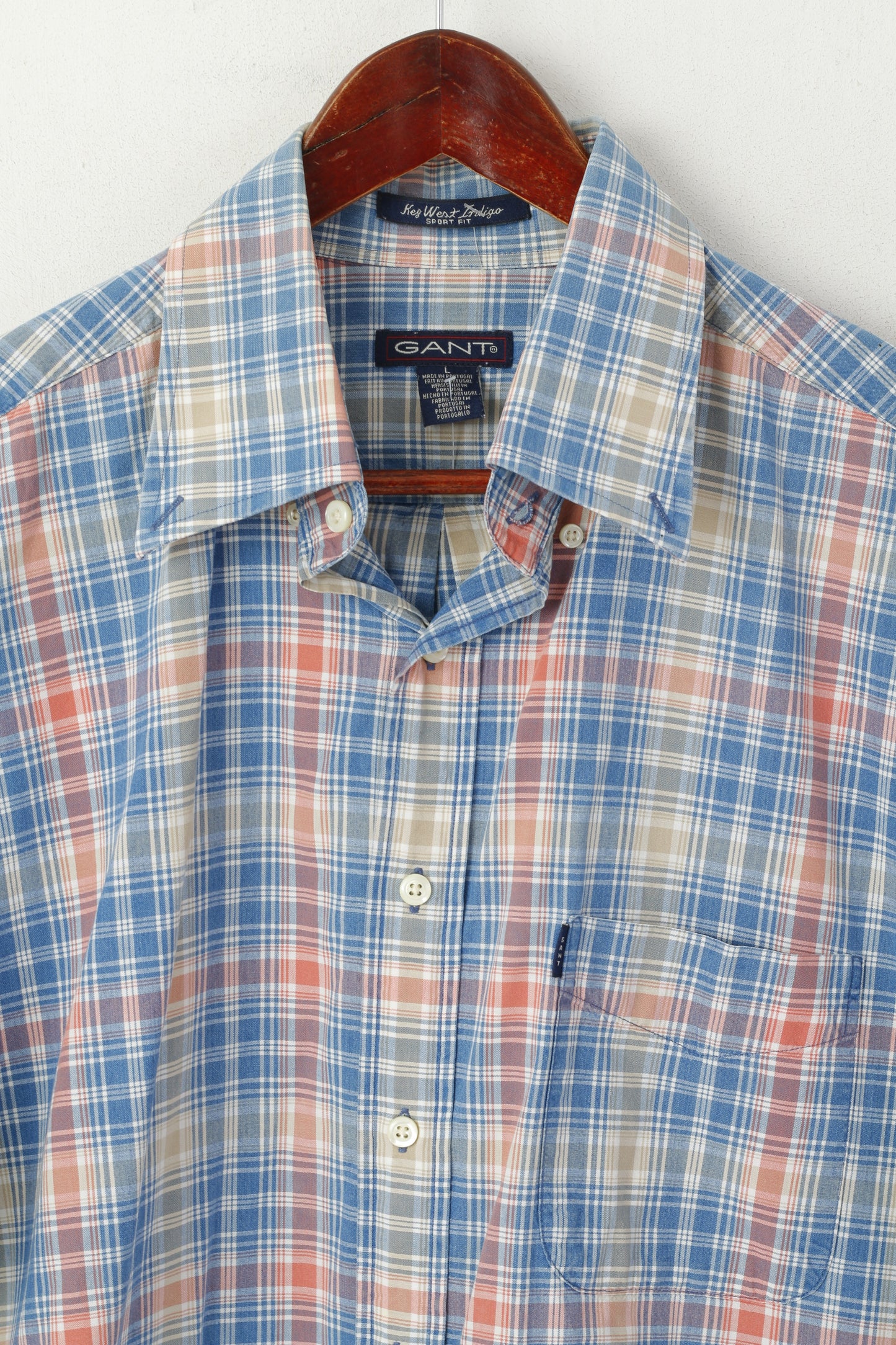 Gant Men L Casual Shirt Blue Check Key West Indigo Sport Fit Short Sleeve Top