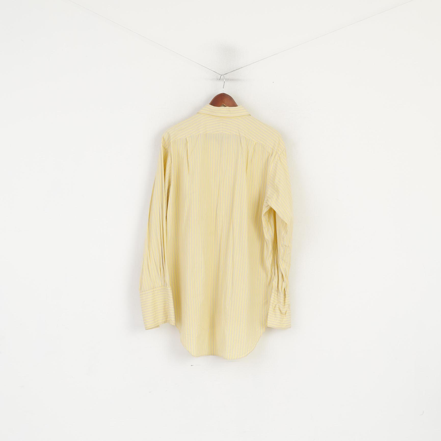 T.M Lewin Men 17.5 34.5 XXL Formal Shirt Yellow Cotton Striped Cuff Finest Two-Fold Top