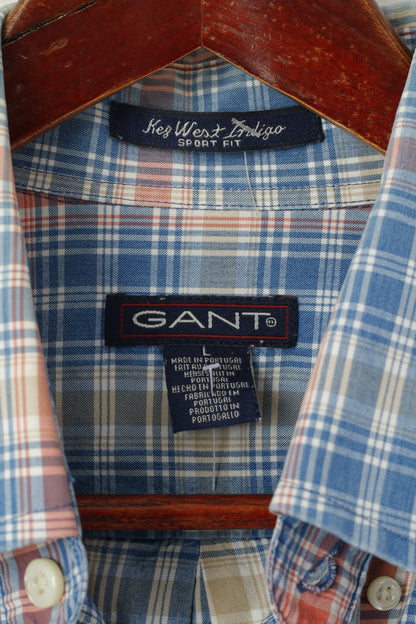Gant Men L Casual Shirt Blue Check Key West Indigo Sport Fit Short Sleeve Top