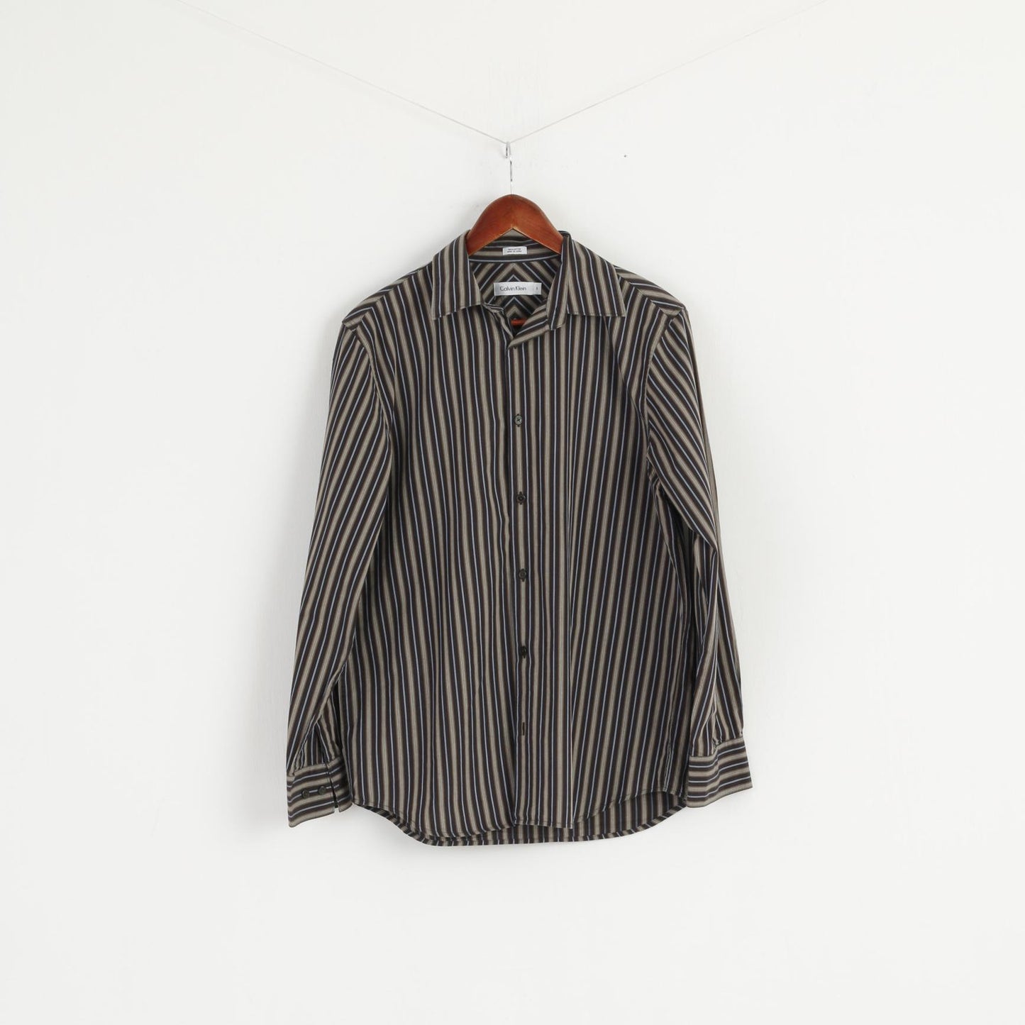 Calvin Klein Men S Casual Shirt Brown Striped Long Sleeve Cotton Top