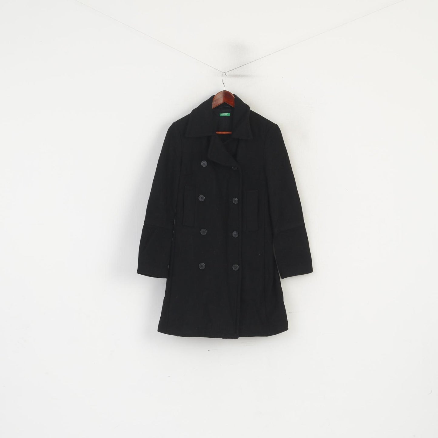 United Colors Of Benetton Women 40 S Coat Black Wool Double Breasted Vintage