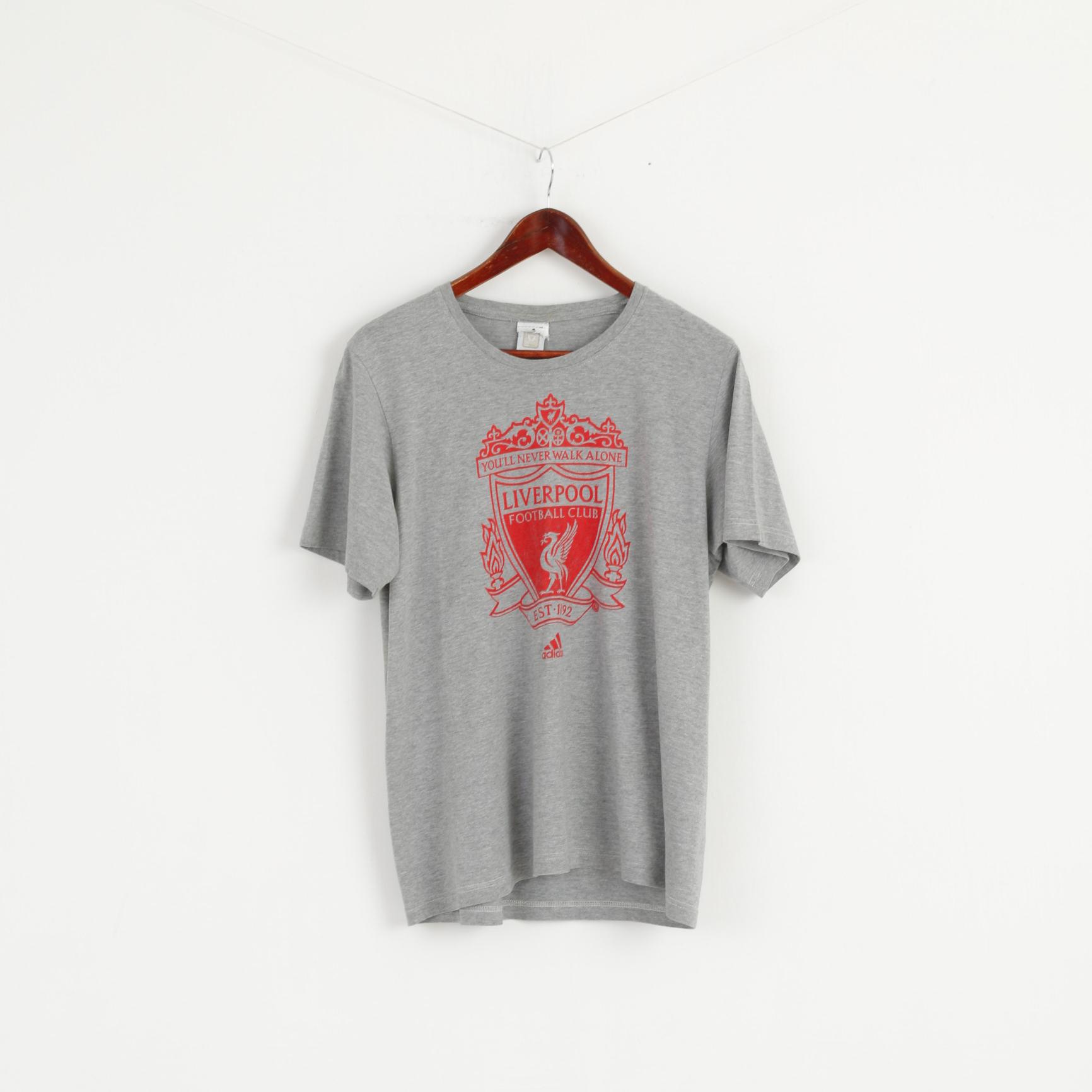 Adidas Men M T- Shirt Grey Graphic Liverpool Football Cotton Short Sleeve Top