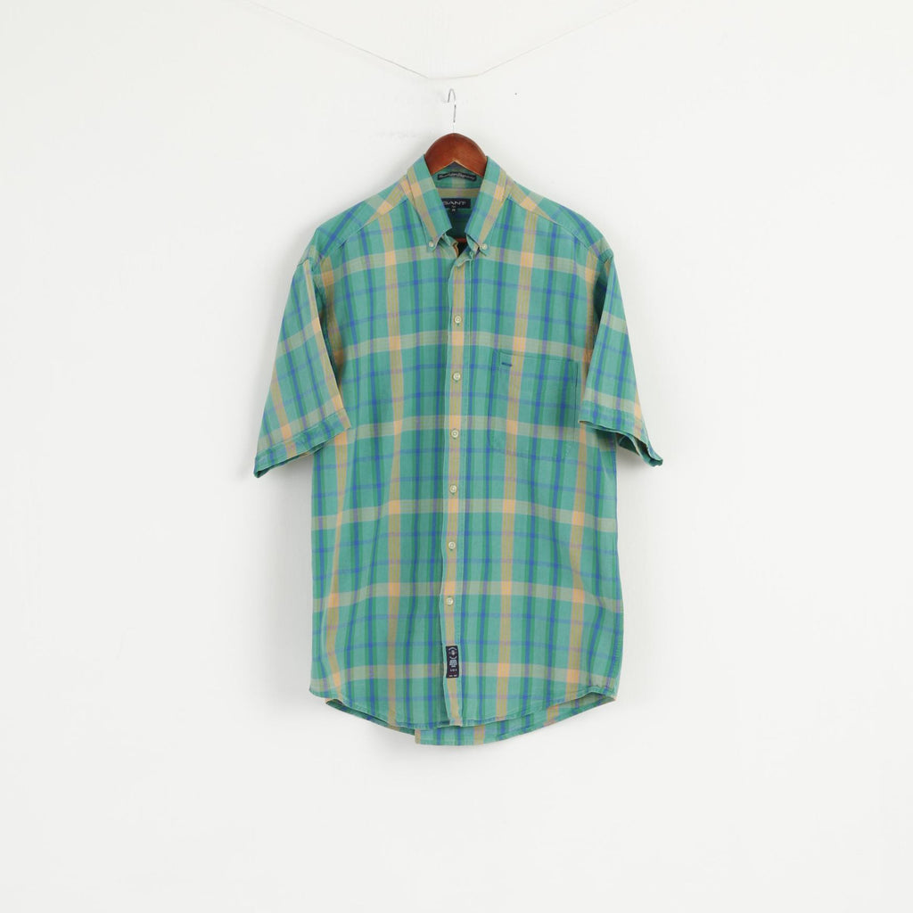 Gant Men M (L) Casual Shirt Green Check Chambray Cotton Short Sleeve Long Top