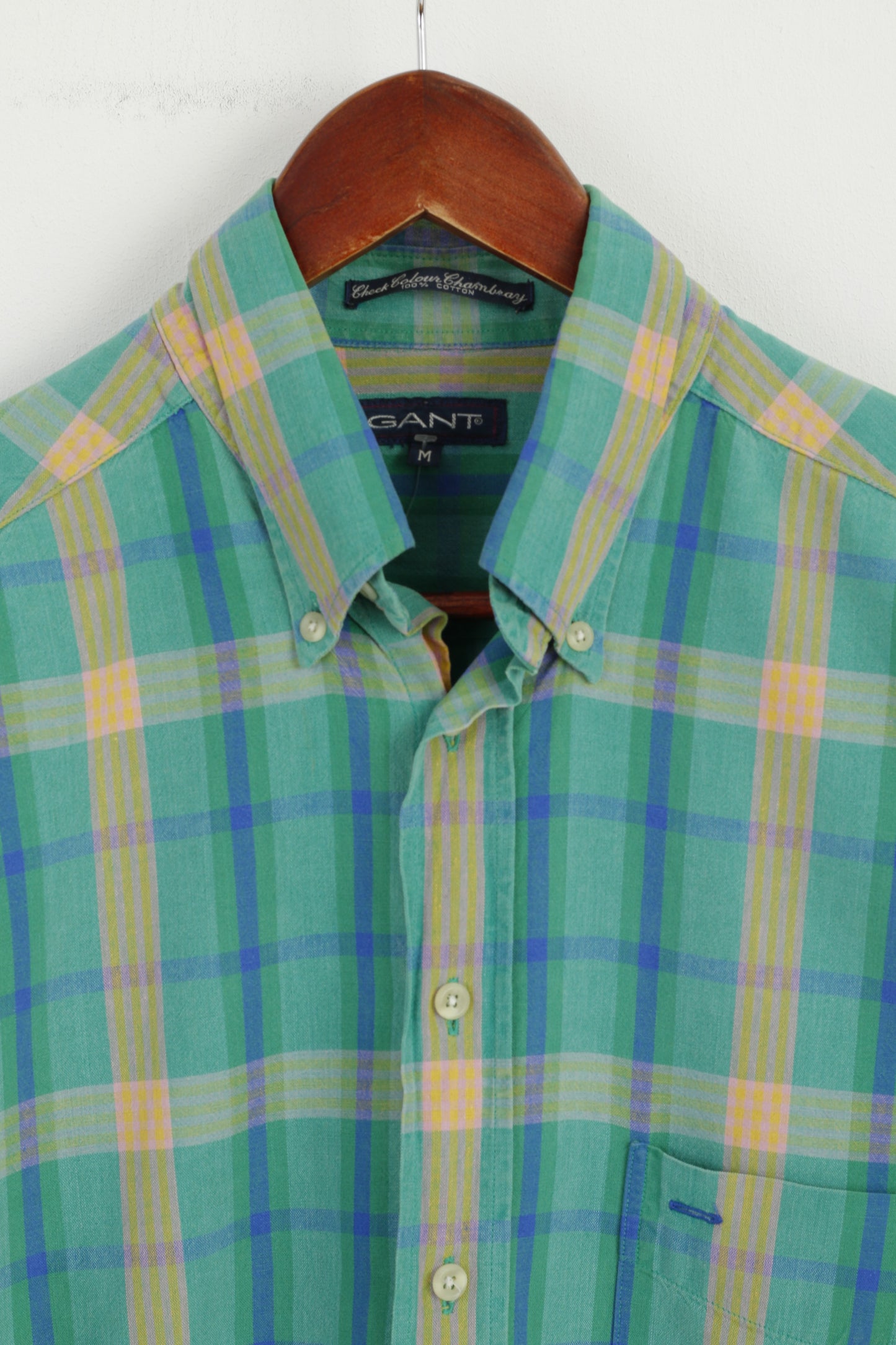 Gant Men M (L) Casual Shirt Green Check Chambray Cotton Short Sleeve Long Top
