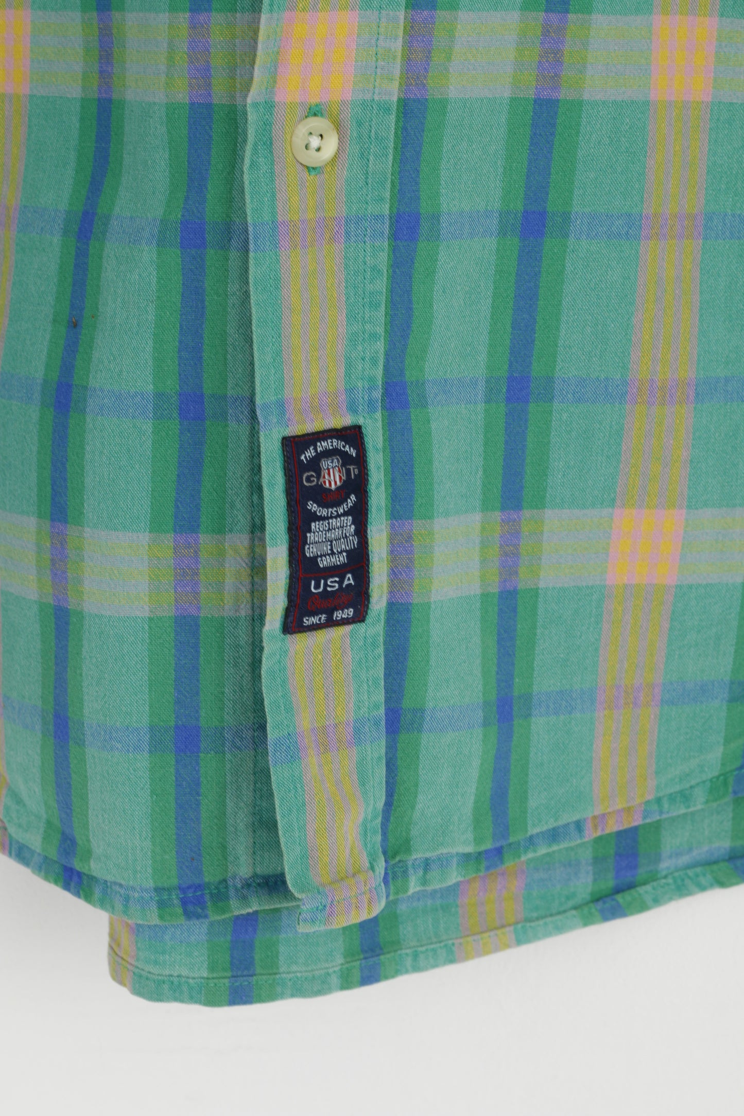 Gant Men M (L) Casual Shirt Green Check Chambray Cotton Short Sleeve Long Top