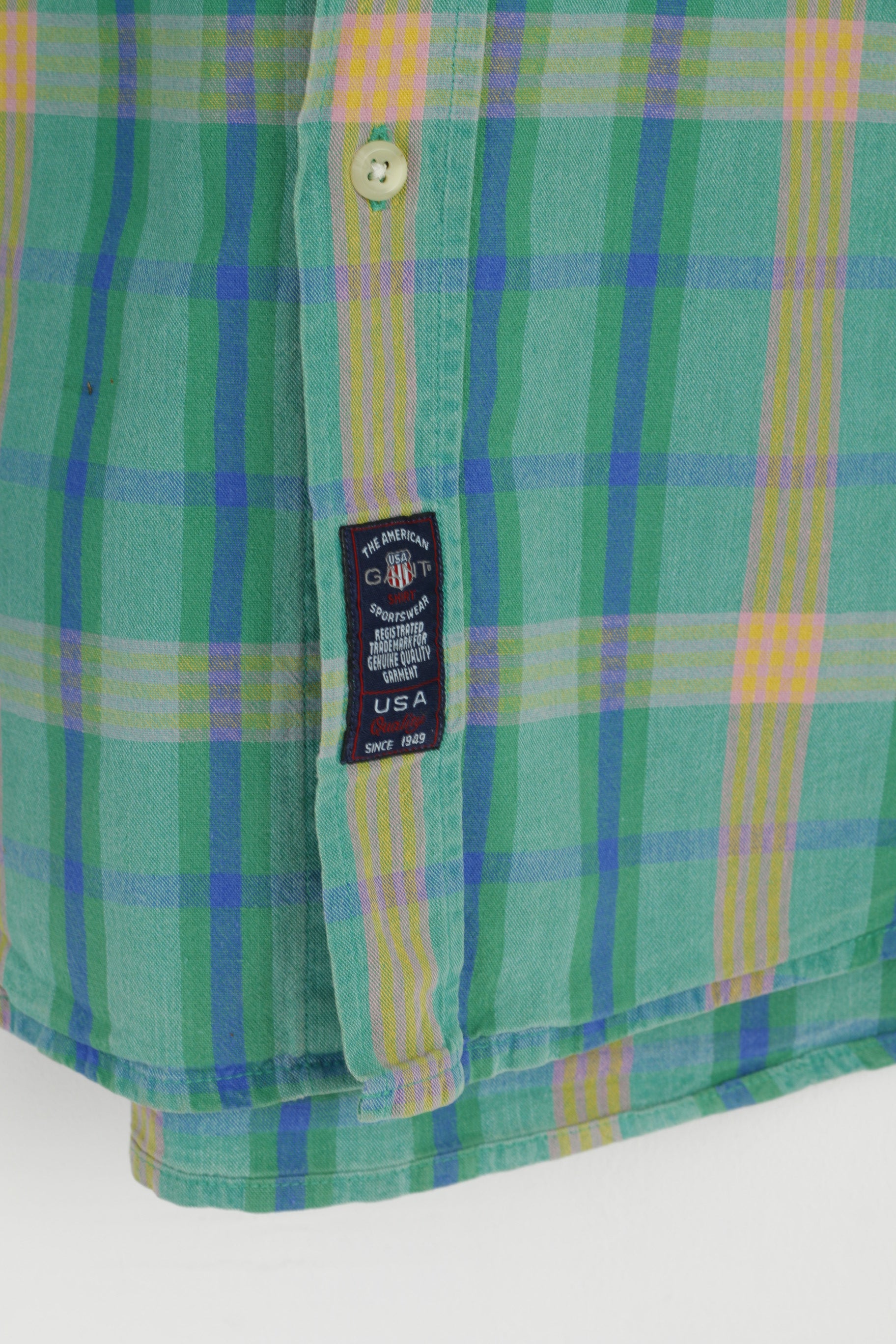 Gant Men M (L) Casual Shirt Green Check Chambray Cotton Short Sleeve Long Top