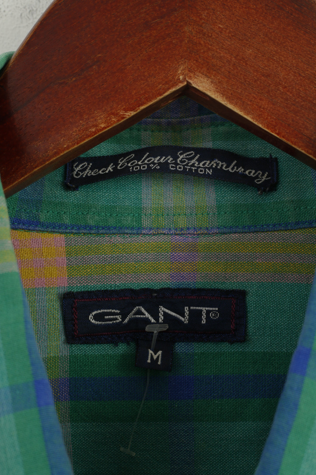Gant Men M (L) Casual Shirt Green Check Chambray Cotton Short Sleeve Long Top
