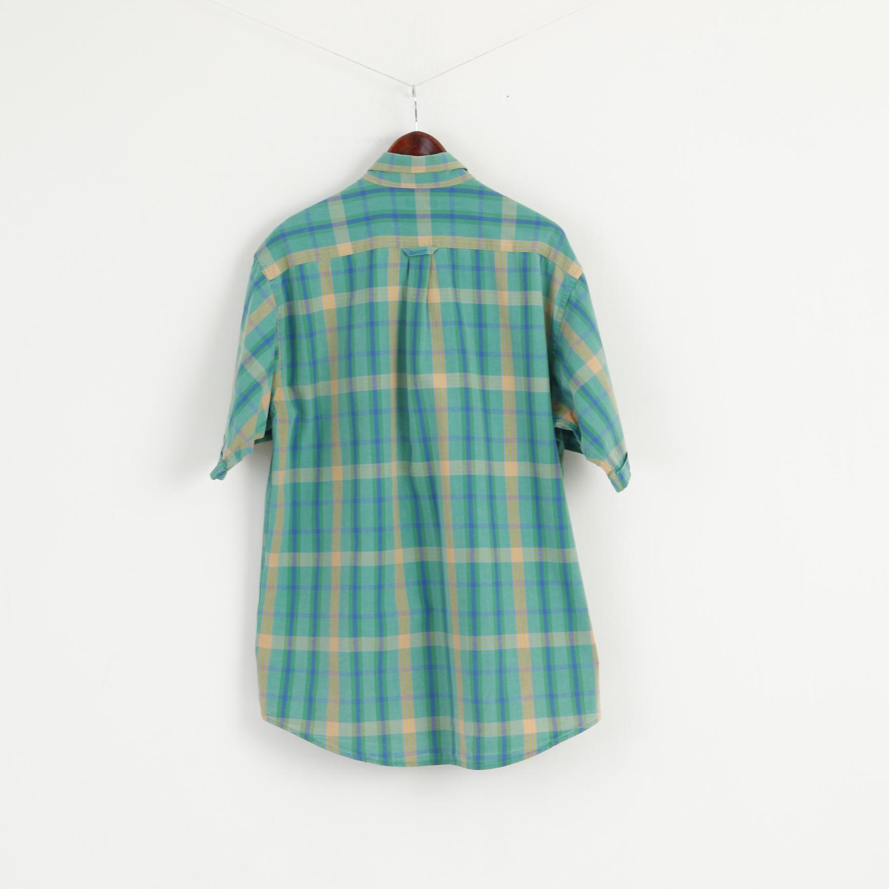 Gant Men M (L) Casual Shirt Green Check Chambray Cotton Short Sleeve Long Top