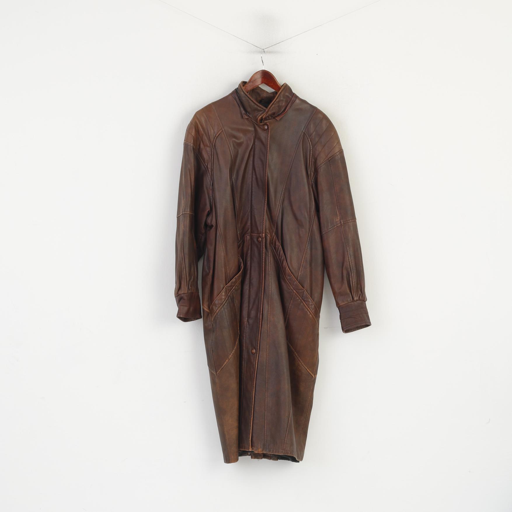 Mokka Nappa Finland Femmes 40 L Manteau Marron Cuir Doublé Épaulettes Vintage Zip Up