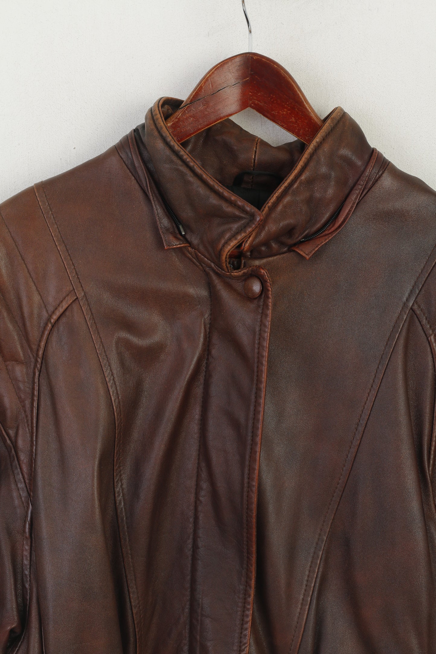 Mokka Nappa Finland Women 40 L Coat Brown Leather Lined Vintage Shoulder Pads Zip Up