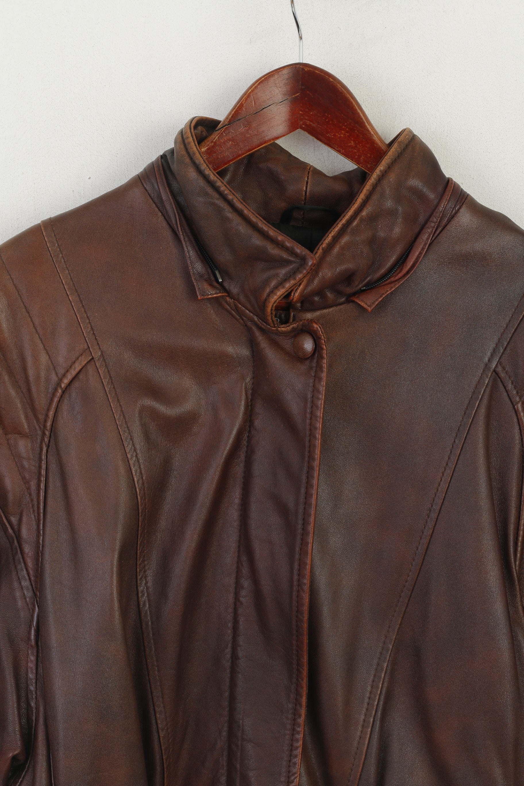 Mokka Nappa Finland Femmes 40 L Manteau Marron Cuir Doublé Épaulettes Vintage Zip Up