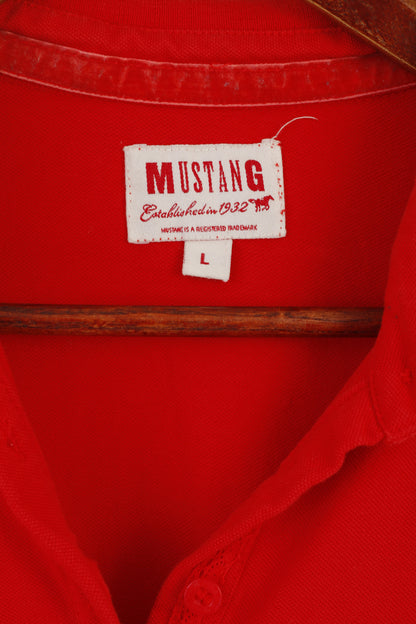 Mustang Women L Polo Shirt Red Cotton Stretch Short Sleeve Vintage Classic Top