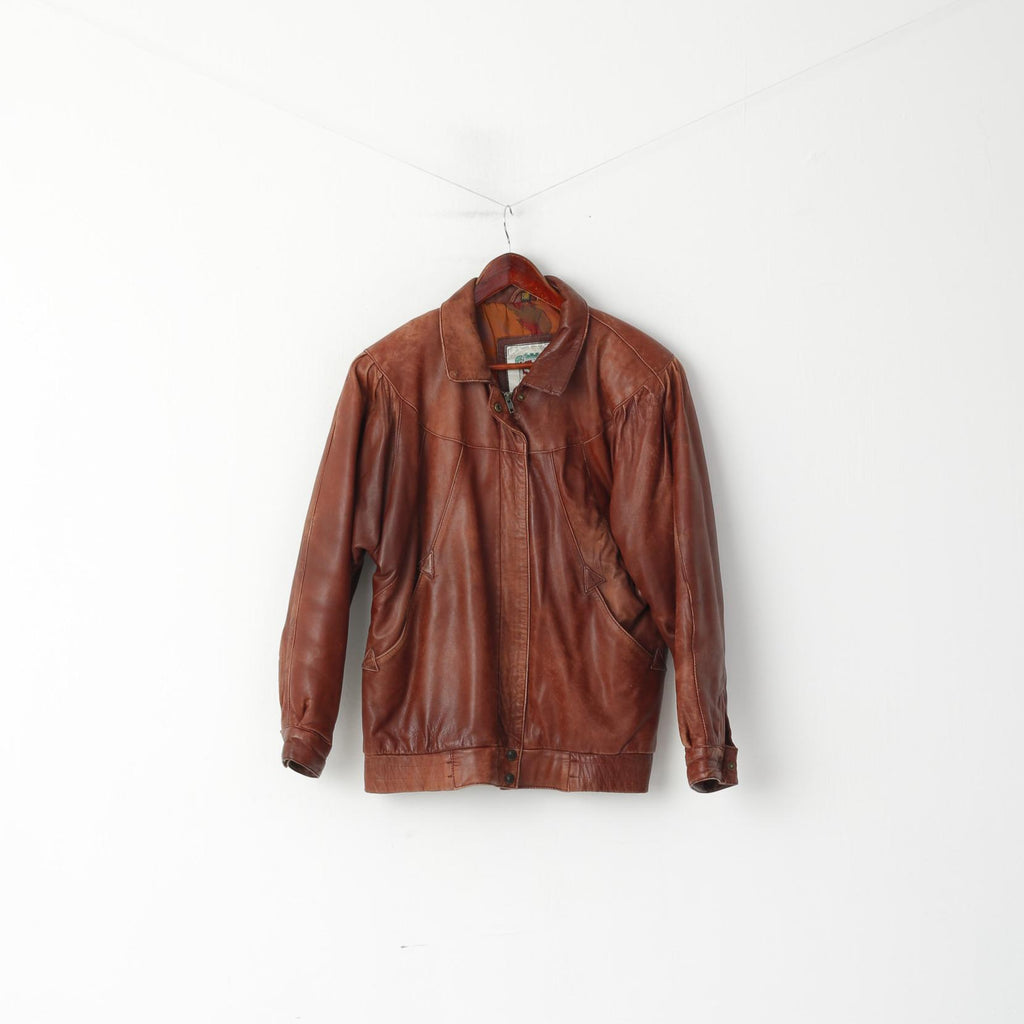 DENNIS Femme 38 M Veste Marron Délavé Cuir Vintage Zip Up Raglan Sleeve Top