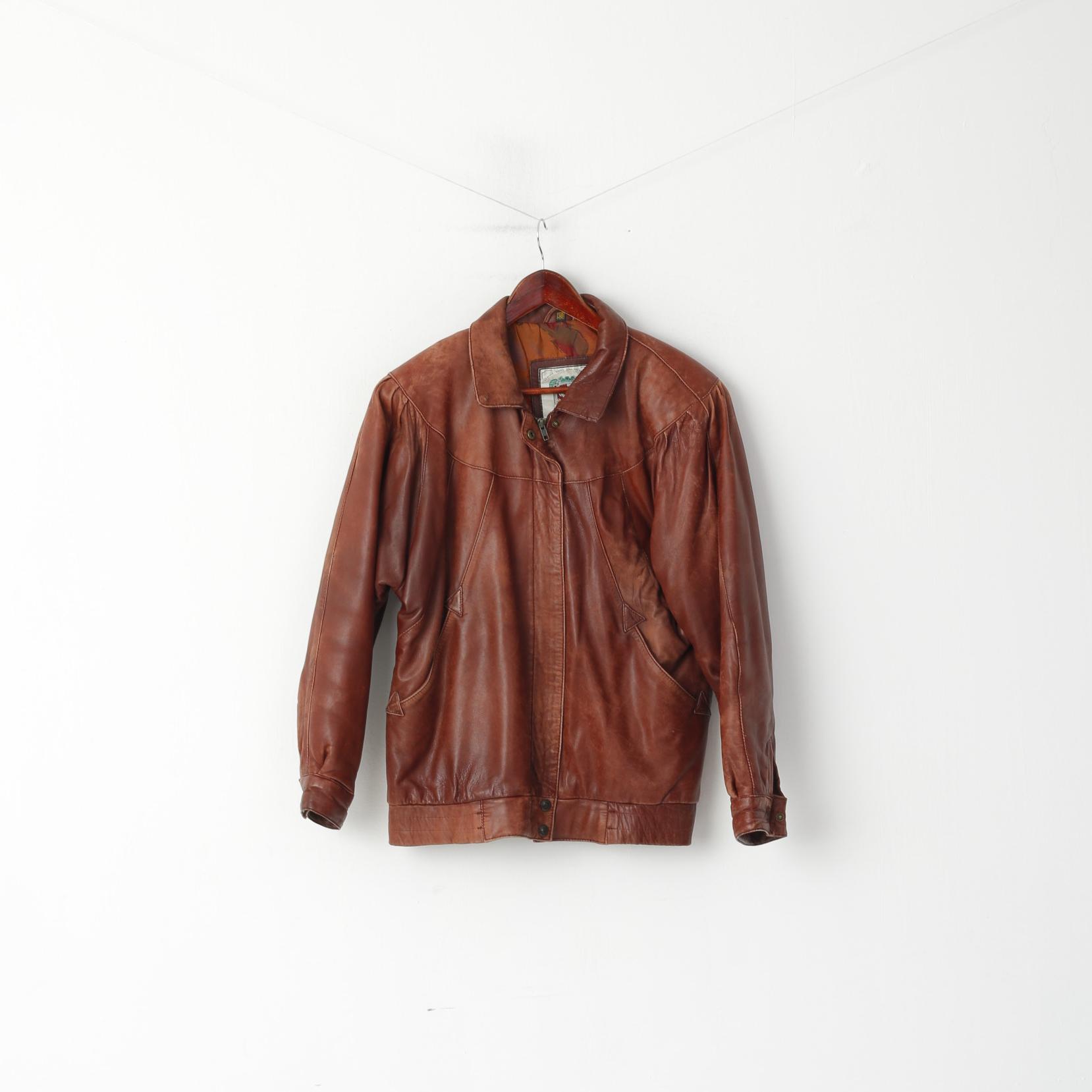 DENNIS Femme 38 M Veste Marron Délavé Cuir Vintage Zip Up Raglan Sleeve Top