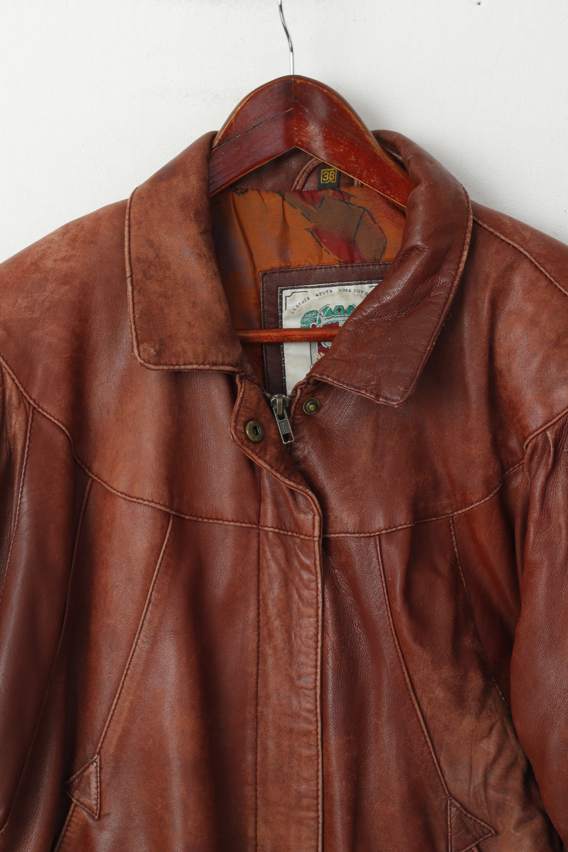 DENNIS Femme 38 M Veste Marron Délavé Cuir Vintage Zip Up Raglan Sleeve Top