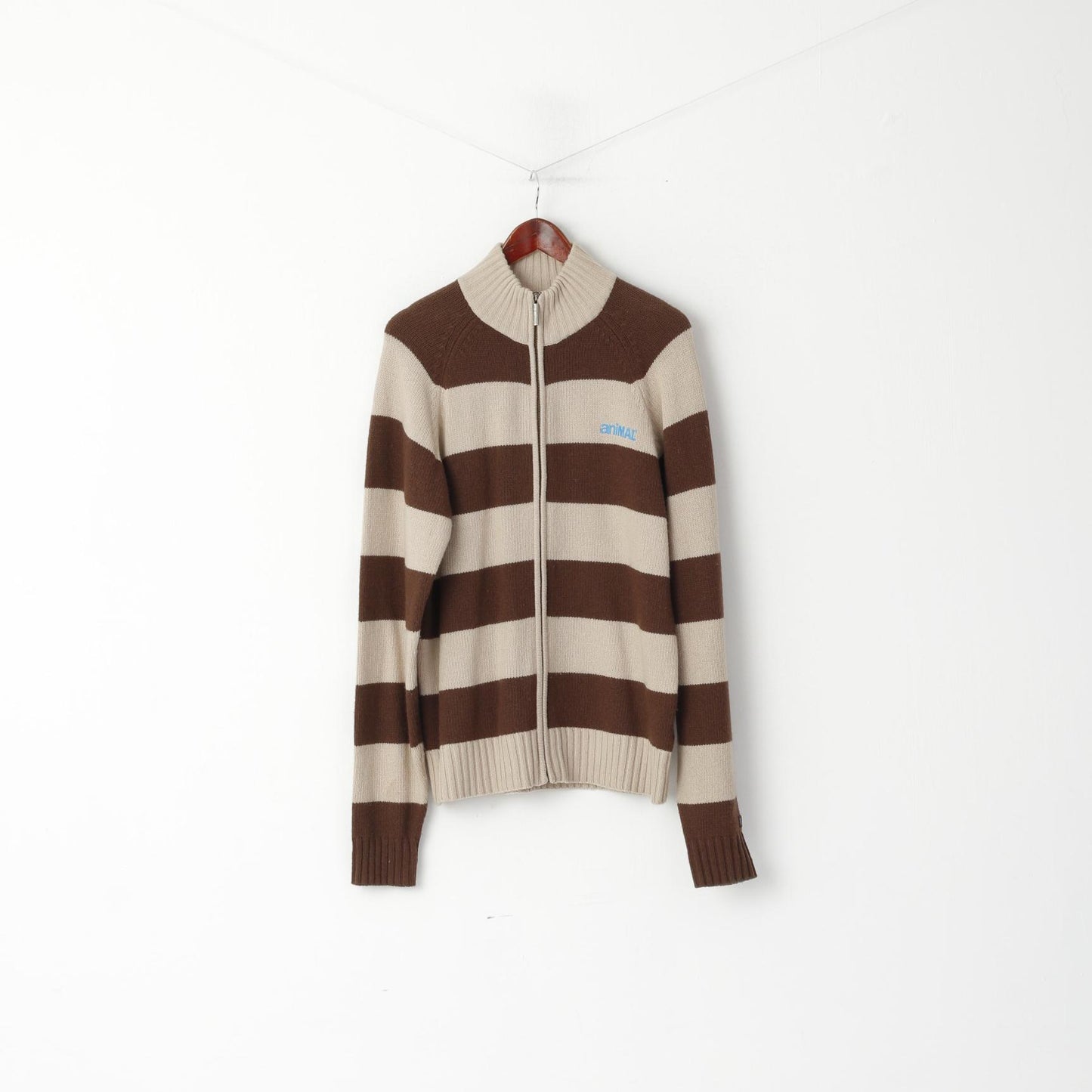 Animal Men M Sweater Brown Wool Blend Striped Logo Fit Full Zipper Cardigan