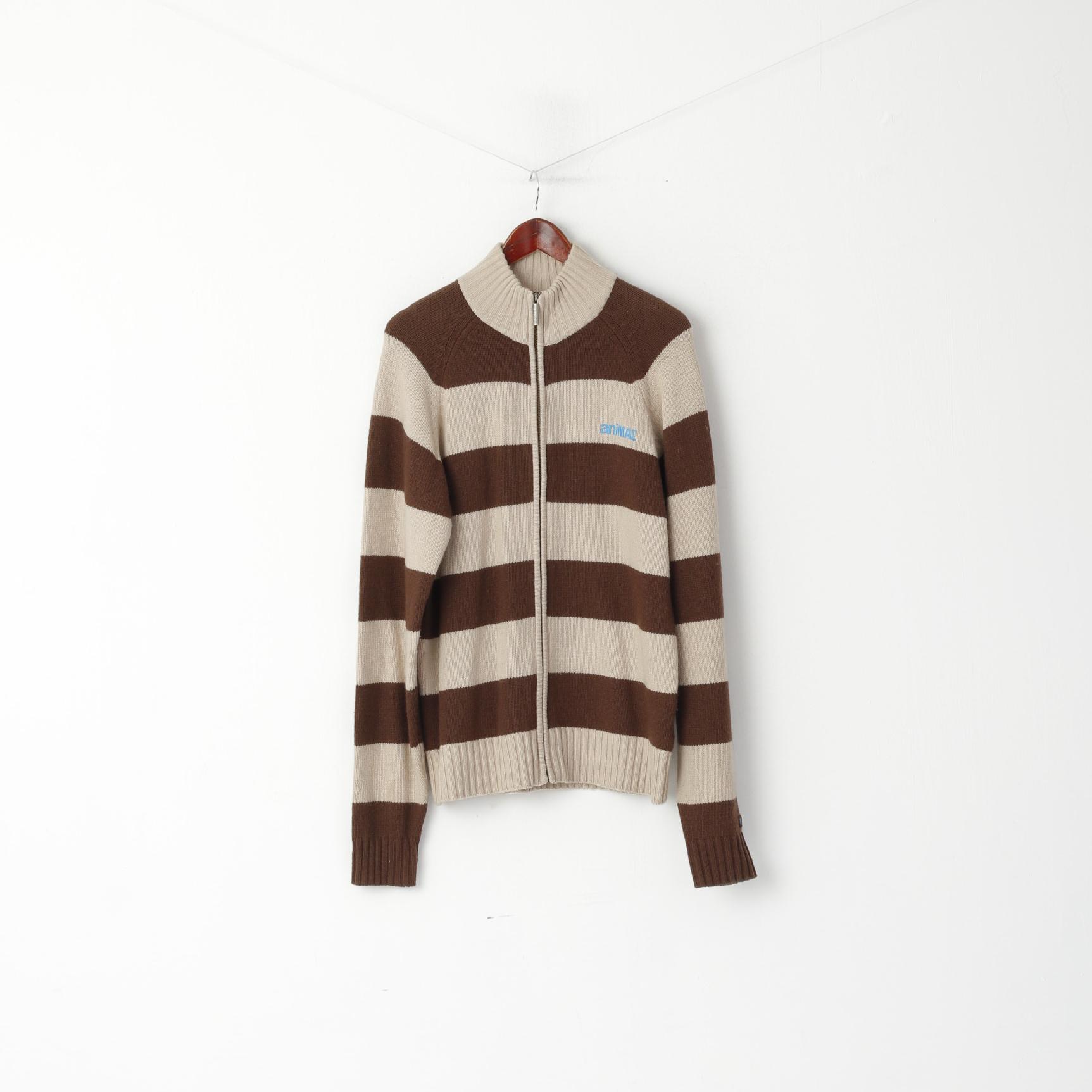 Animal Men M Pull Marron Mélange de Laine Rayé Logo Fit Cardigan À Fermeture Éclair Complète