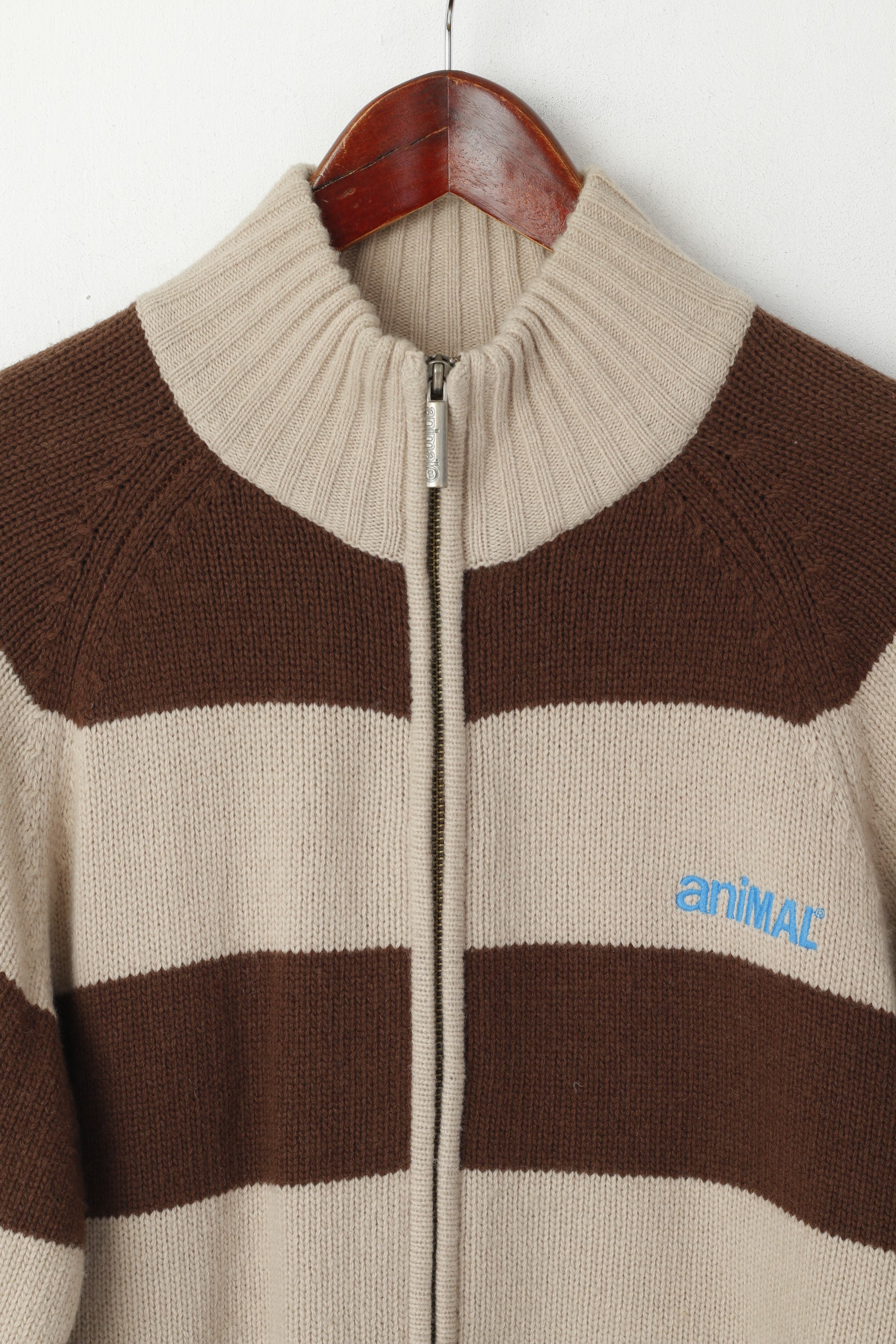 Animal Men M Pull Marron Mélange de Laine Rayé Logo Fit Cardigan À Fermeture Éclair Complète