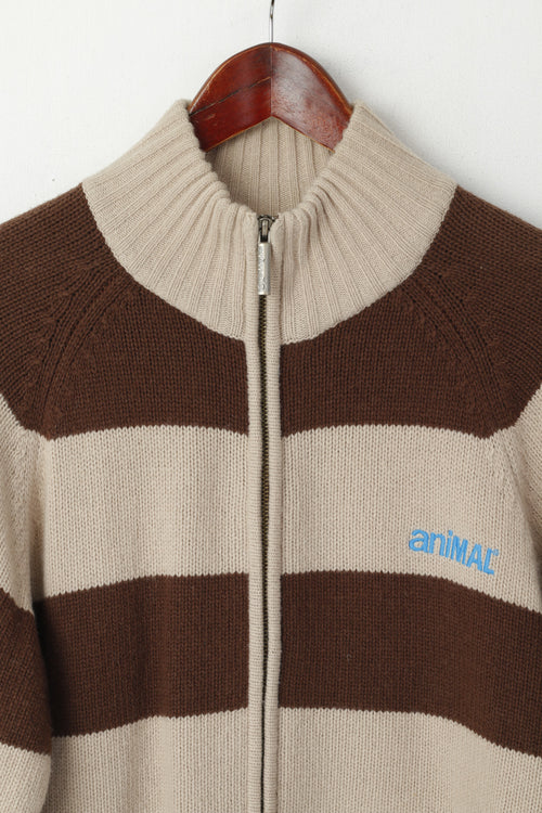 Animal Men M Pull Marron Mélange de Laine Rayé Logo Fit Cardigan À Fermeture Éclair Complète