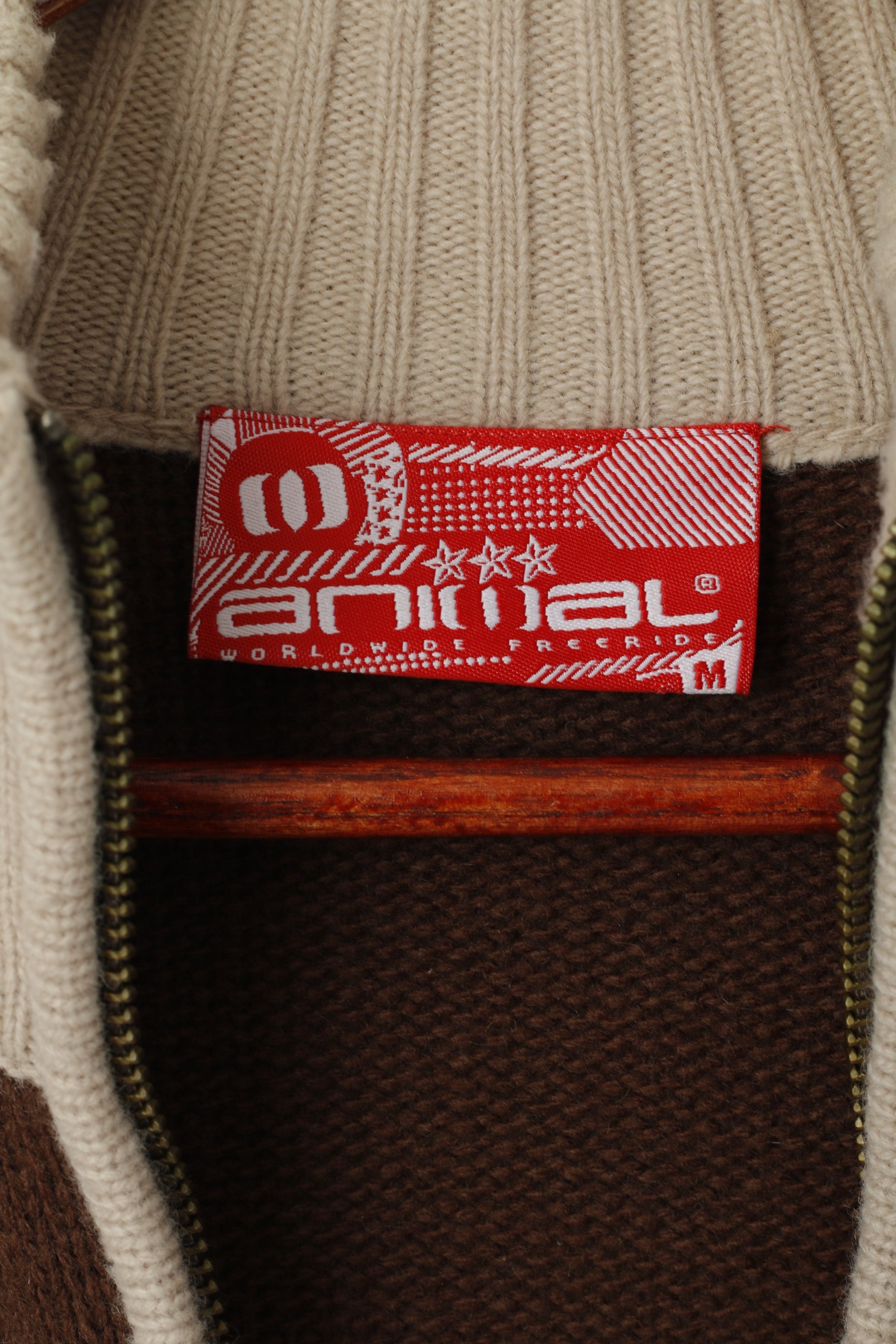 Animal Men M Pull Marron Mélange de Laine Rayé Logo Fit Cardigan À Fermeture Éclair Complète