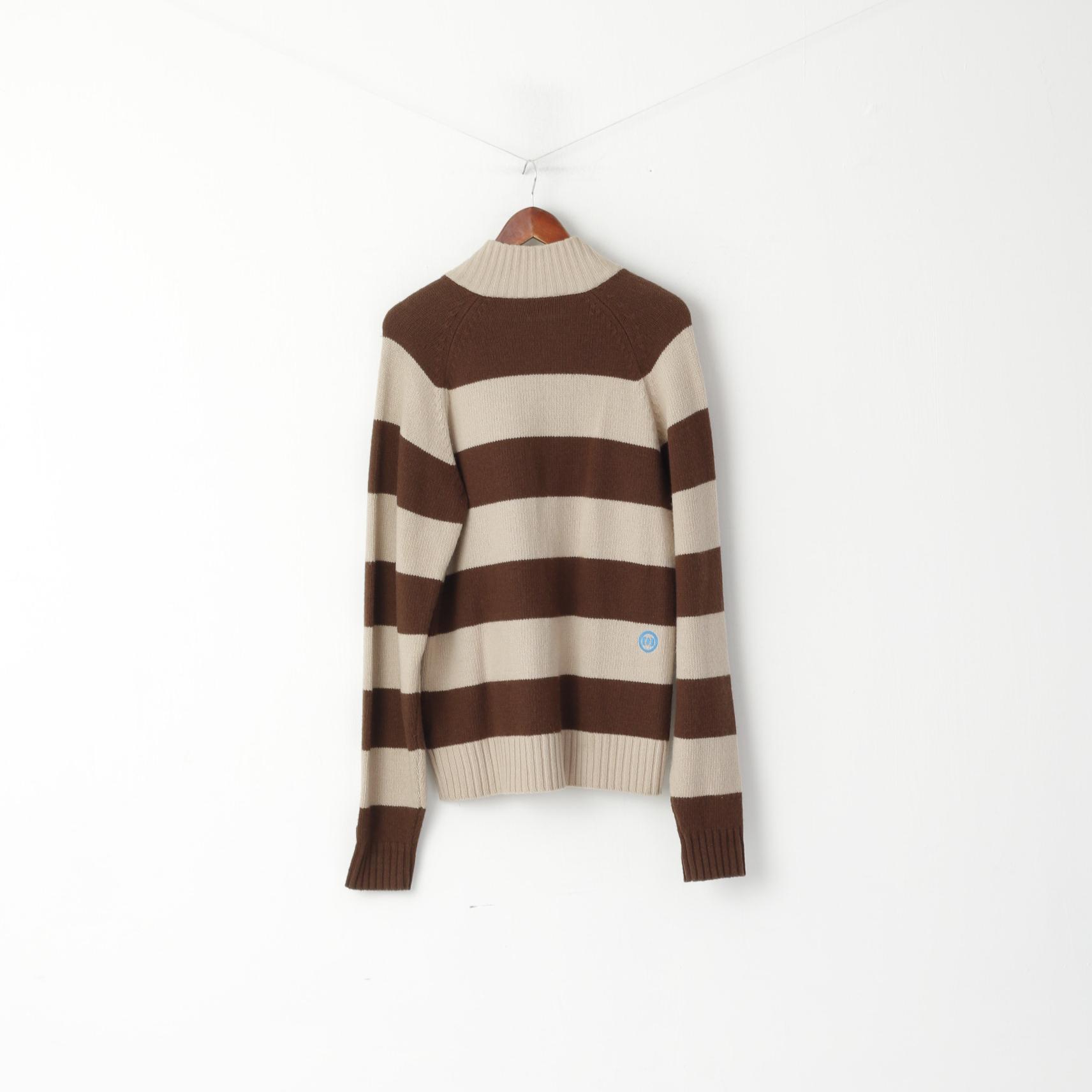 Animal Men M Pull Marron Mélange de Laine Rayé Logo Fit Cardigan À Fermeture Éclair Complète