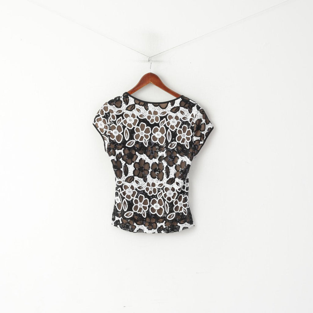 Joseph Ribkoff Women L 14 Shirt Black Floarl Sequins Elegant Ornate Cropped Top