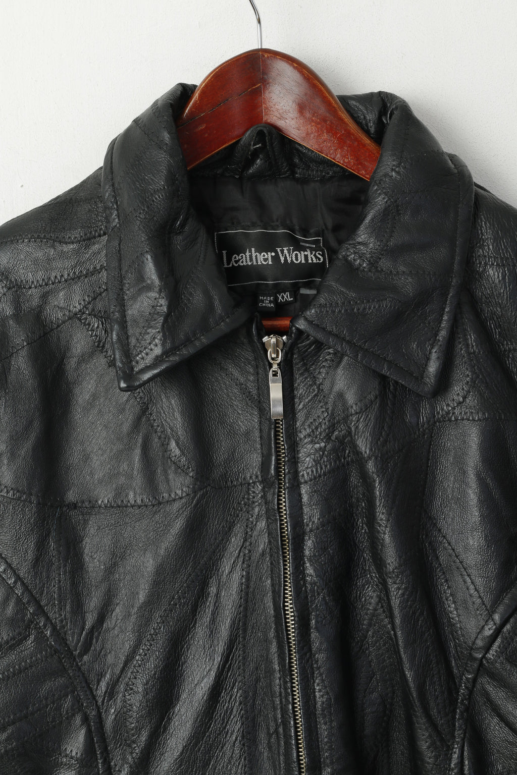 Leather Works Veste XXL pour femme en cuir noir avec patchwork et fermeture éclair complète