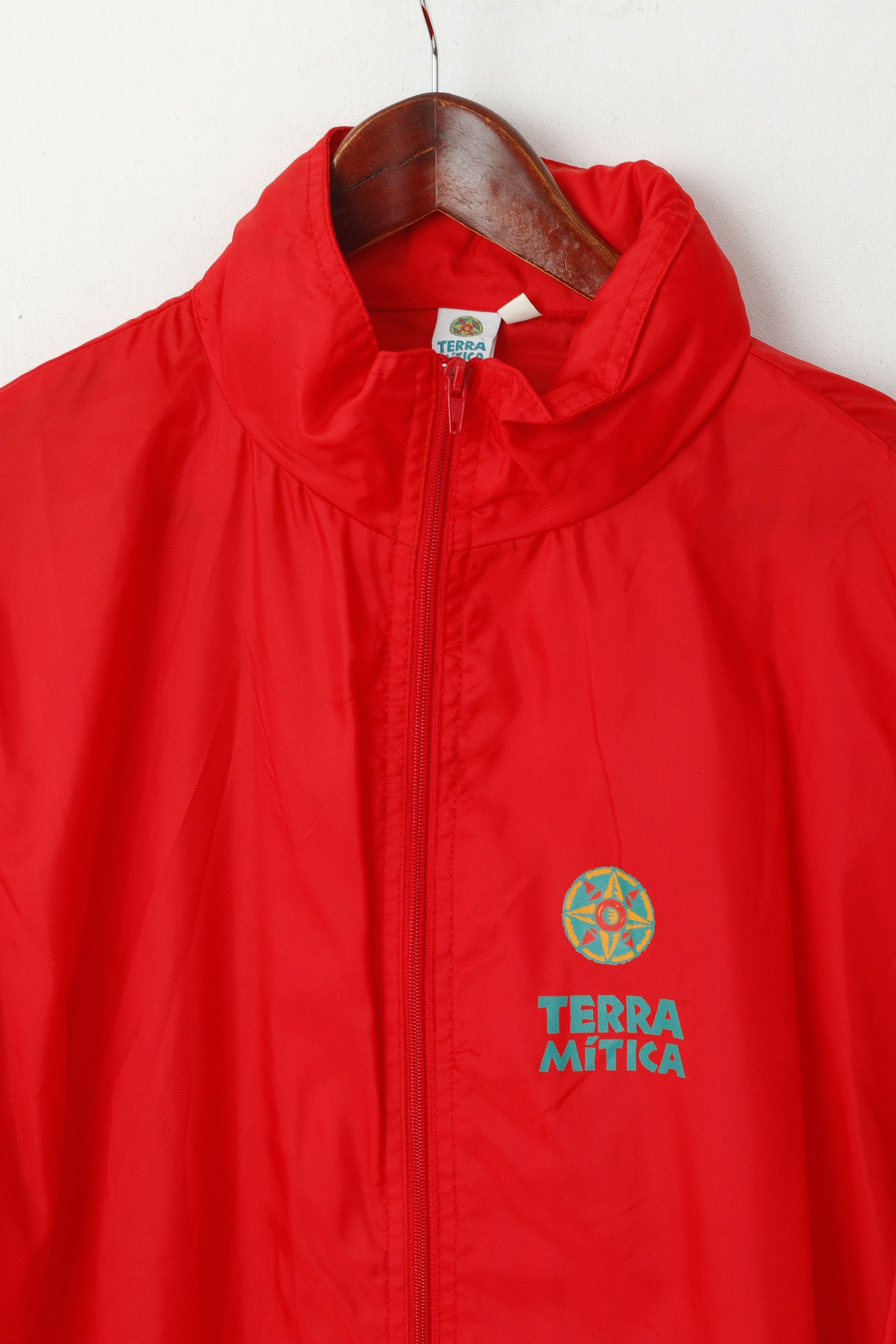 Terra Mitica Men XL Rain Jacket Red Nylon Waterproof Hidden Hood Retro Top