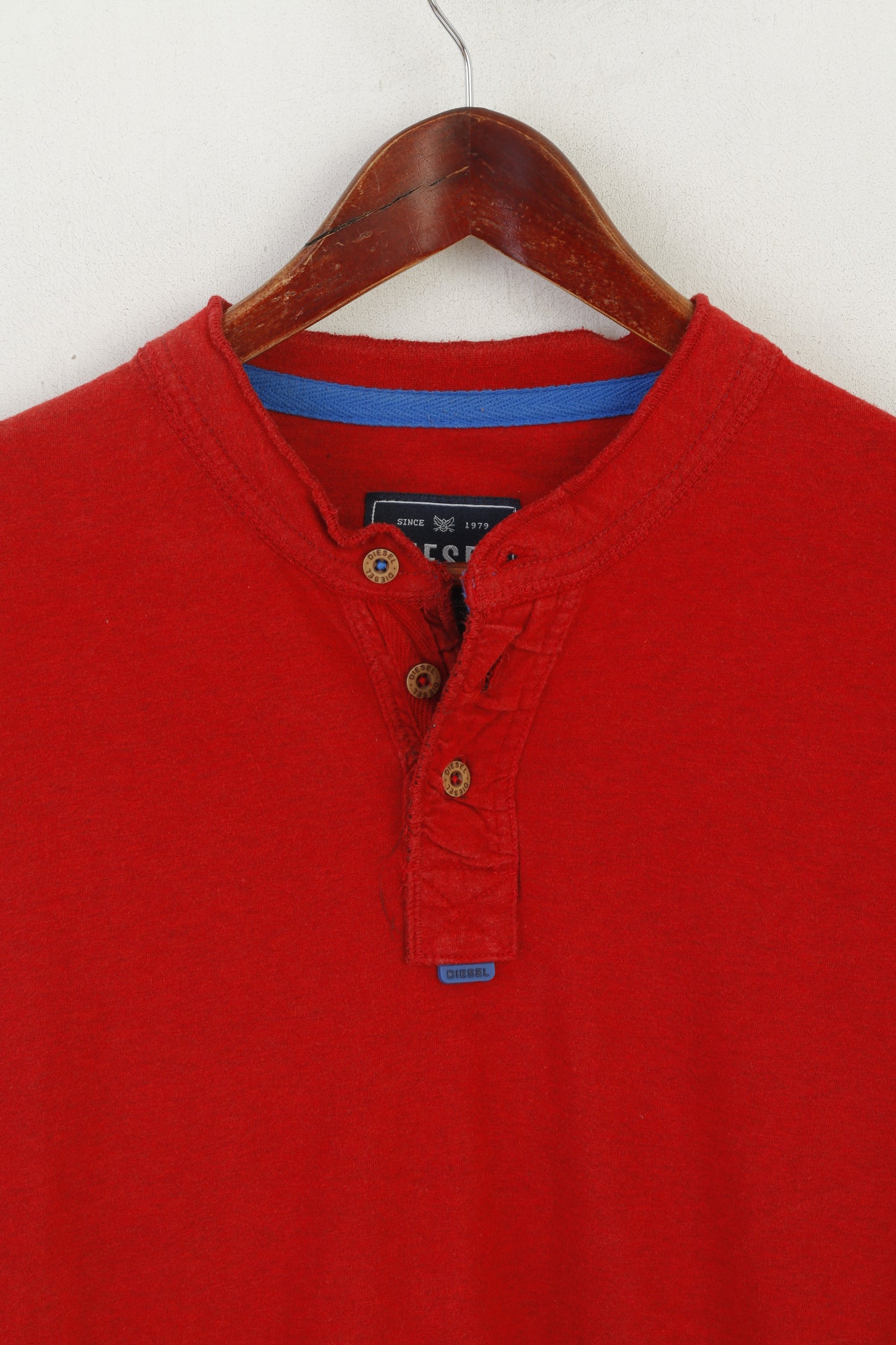Diesel Men L Long Sleeved Shirt Red Cotton Button Neck Emroidered Sleeve Top