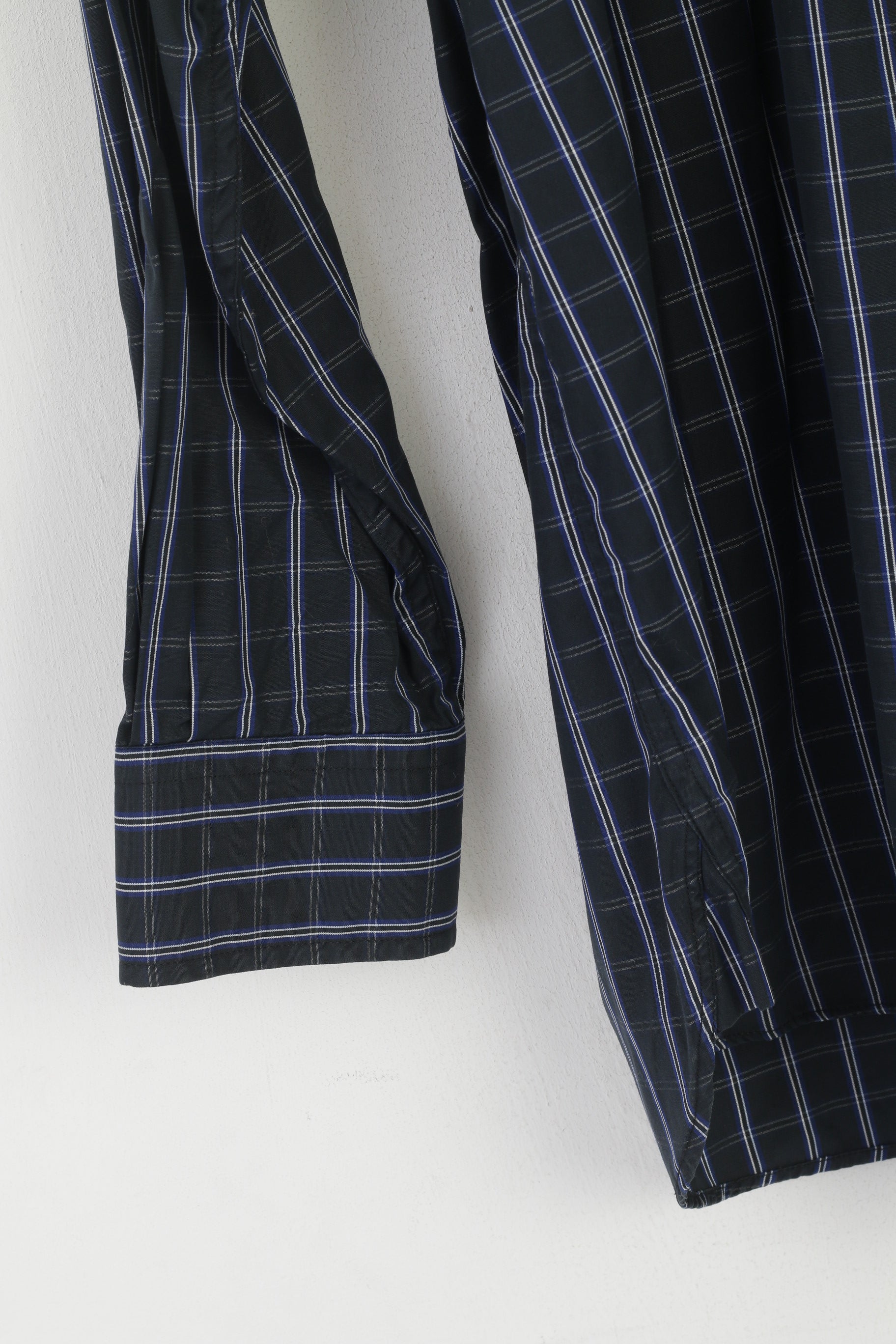 Charles Tyrwhitt Men L Casual Shirt Navy Cotton Checkered Button Down Collar Top