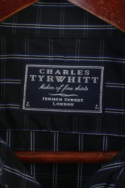 Charles Tyrwhitt Men L Casual Shirt Navy Cotton Checkered Button Down Collar Top