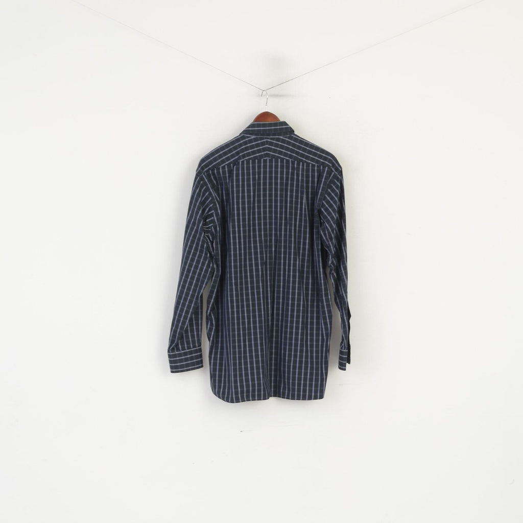 Charles Tyrwhitt Men L Casual Shirt Navy Cotton Checkered Button Down Collar Top