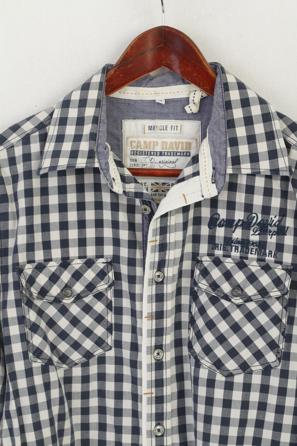 Camp David Men M Casual Shirt Navy Cotton Check Long Sleeve Muscle Fit Top