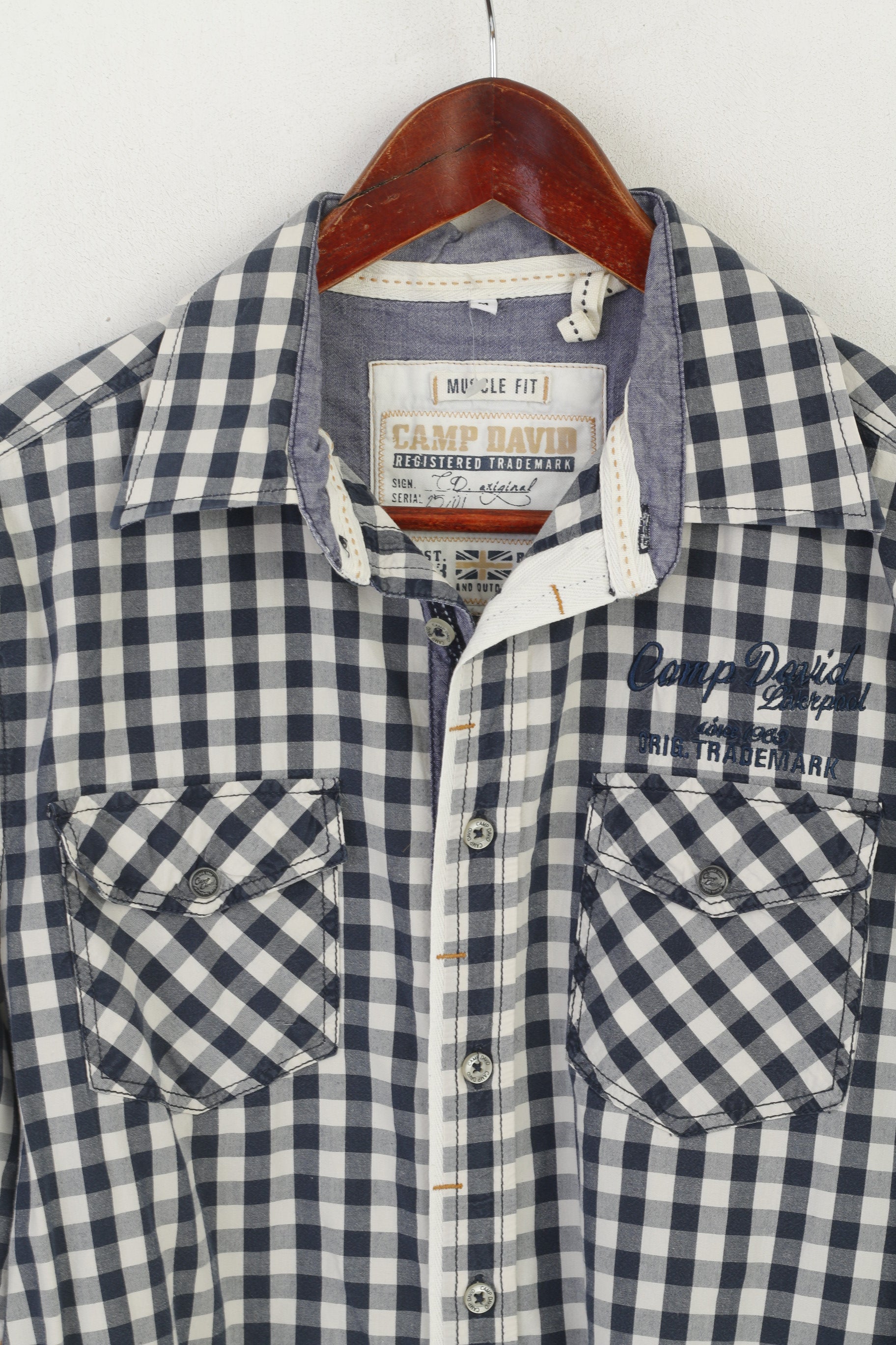 Camp David Men M Casual Shirt Navy Cotton Check Long Sleeve Muscle Fit Top