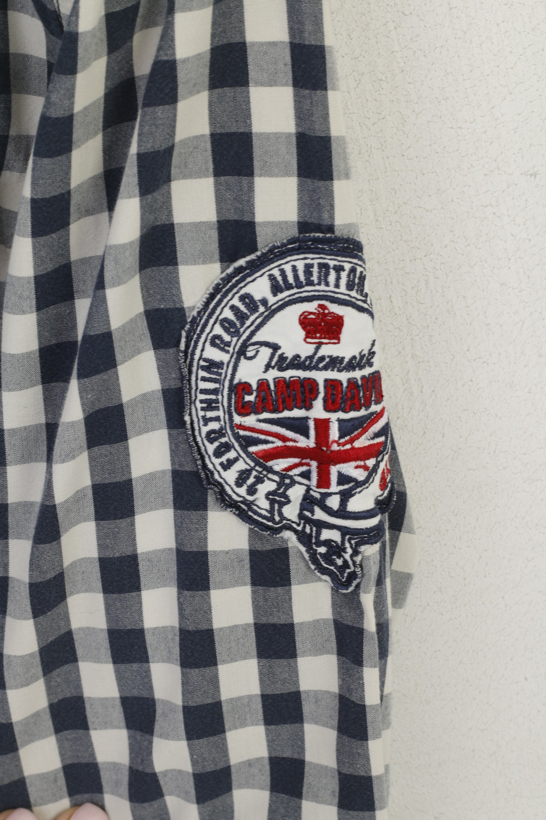 Camp David Men M Casual Shirt Navy Cotton Check Long Sleeve Muscle Fit Top