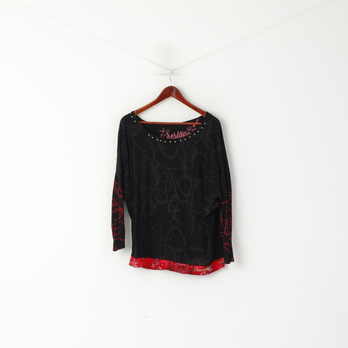 Desigual Women L Shirt Black Soft Oversize Hearts Love Print 2/3 Sleeve Top