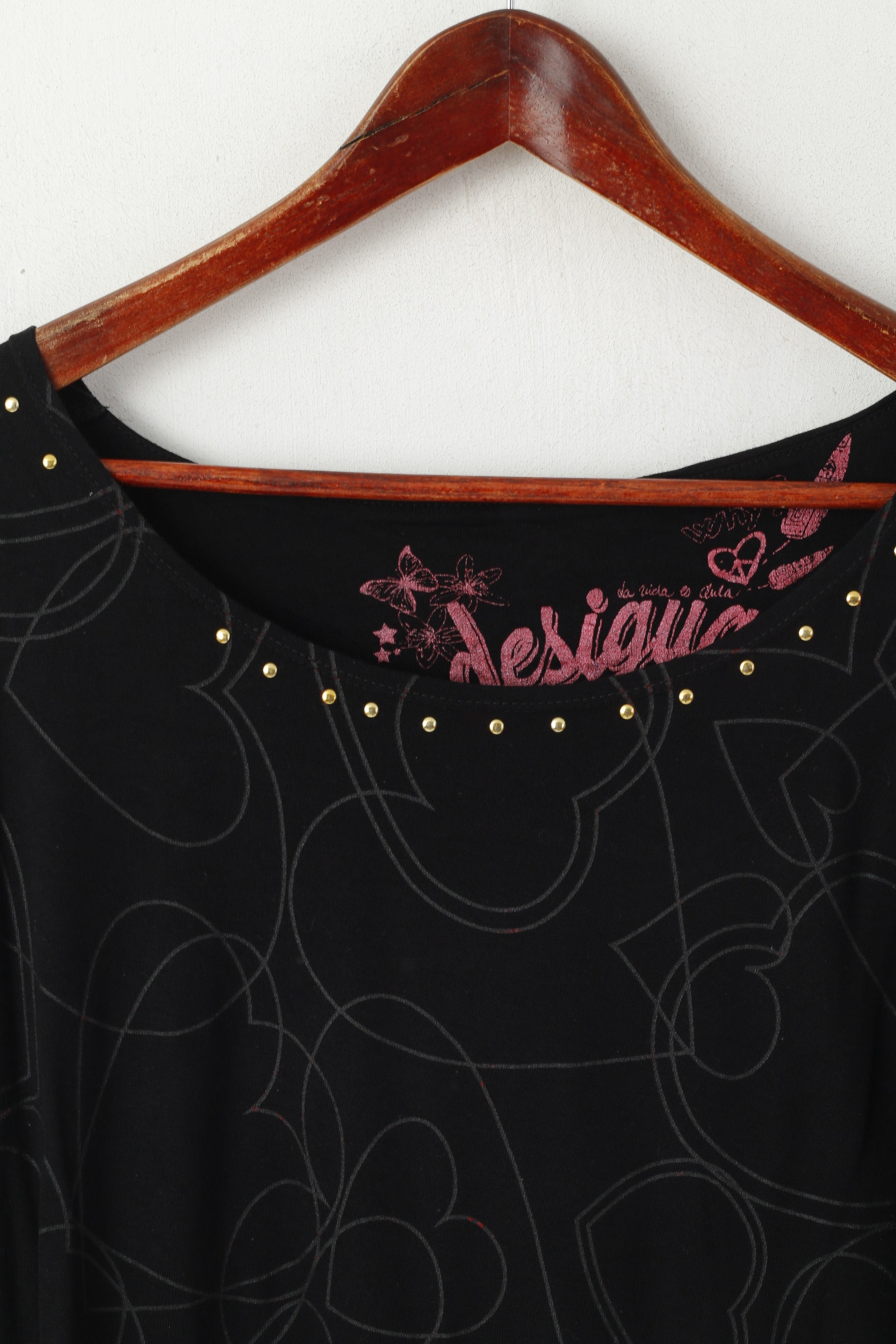 Desigual Femmes L Chemise Noir Doux Oversize Coeurs Amour Imprimé Haut À Manches 2/3