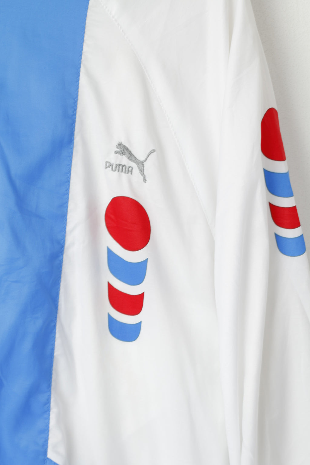 Giacca Puma da uomo 7 M vintage bianca blu lucida Oldschool con cerniera intera