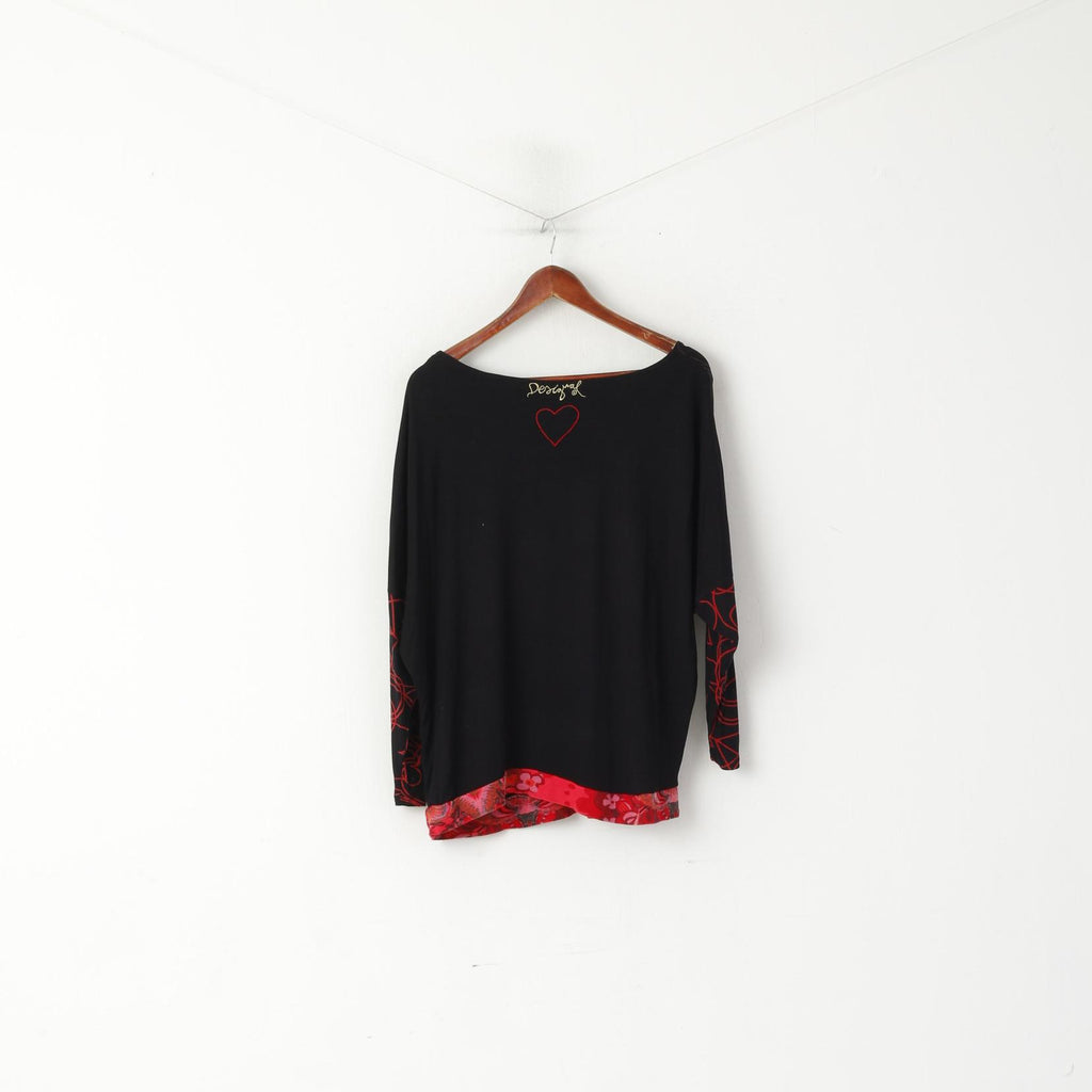 Desigual Maglia L da donna Nera Morbida maglietta oversize con stampa cuori amore a 2/3 maniche