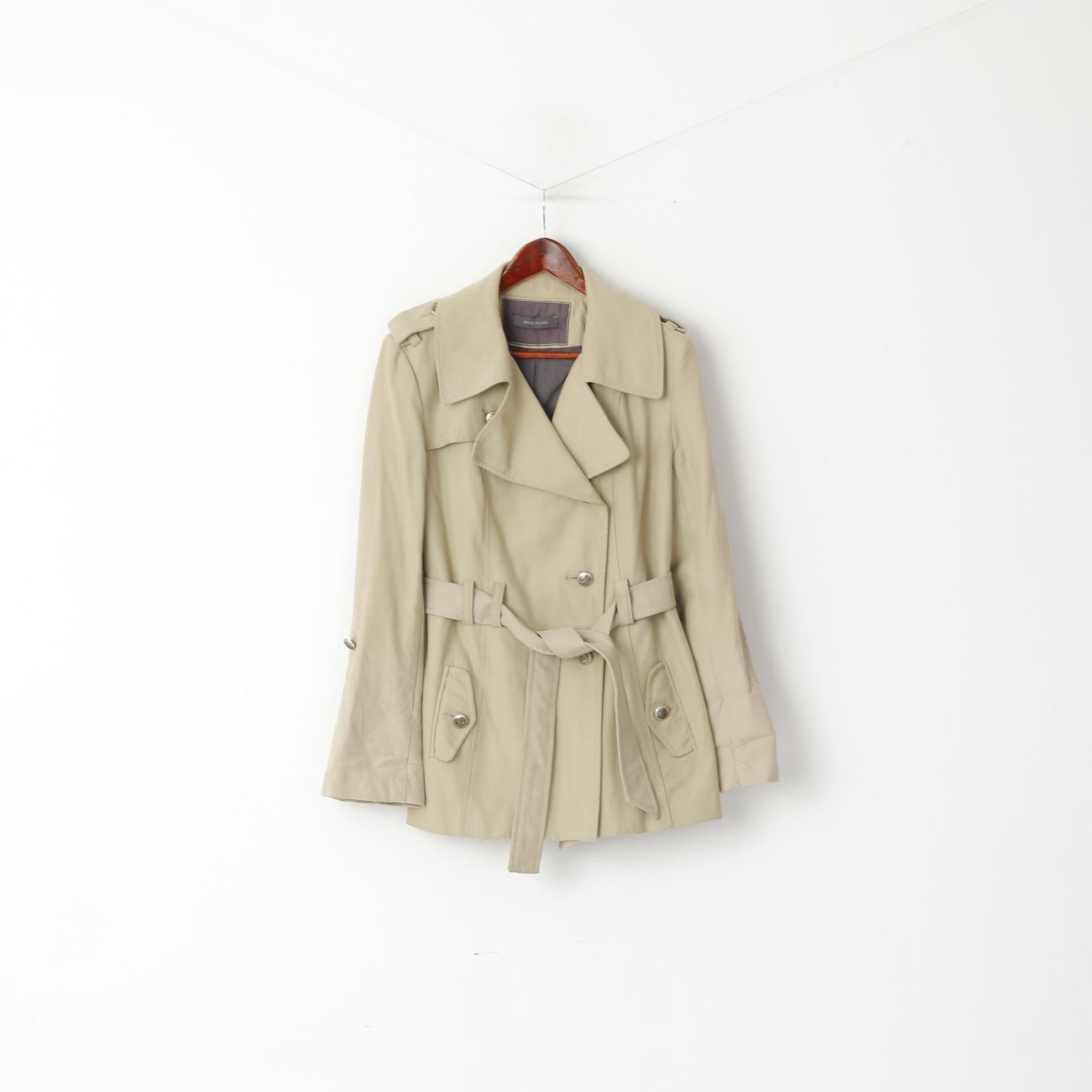 River Island Women 14 40 Jacket Beige Cotton Belted Classic Pea Coat