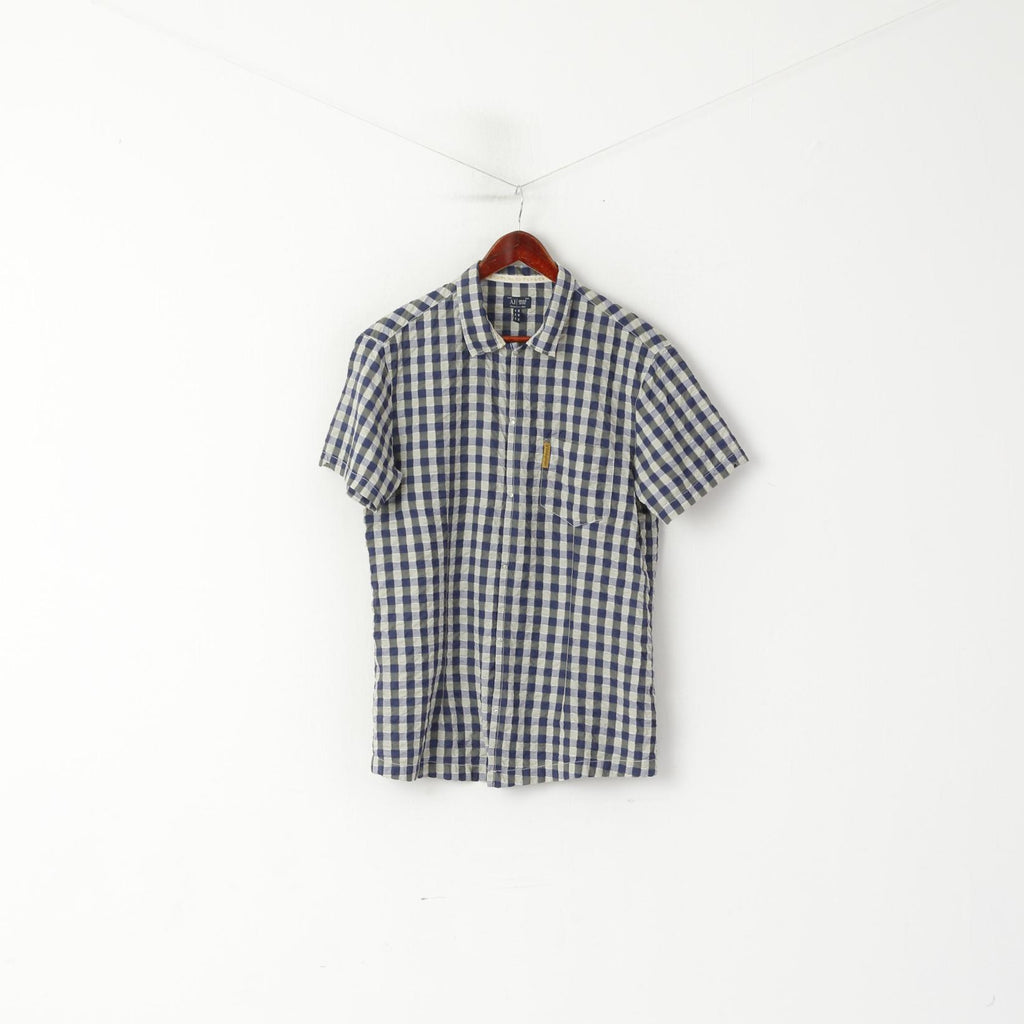 Armani Jeans Men XL (L) Casual Shirt Navy Check Cotton Crinkled Thin Fabric Top