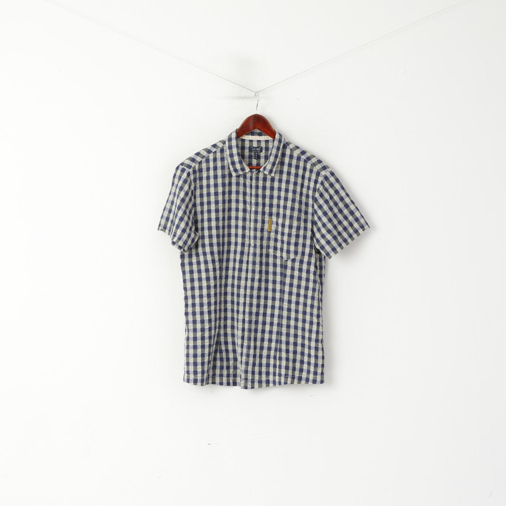 Armani Jeans Men XL (L) Casual Shirt Navy Check Cotton Crinkled Thin Fabric Top