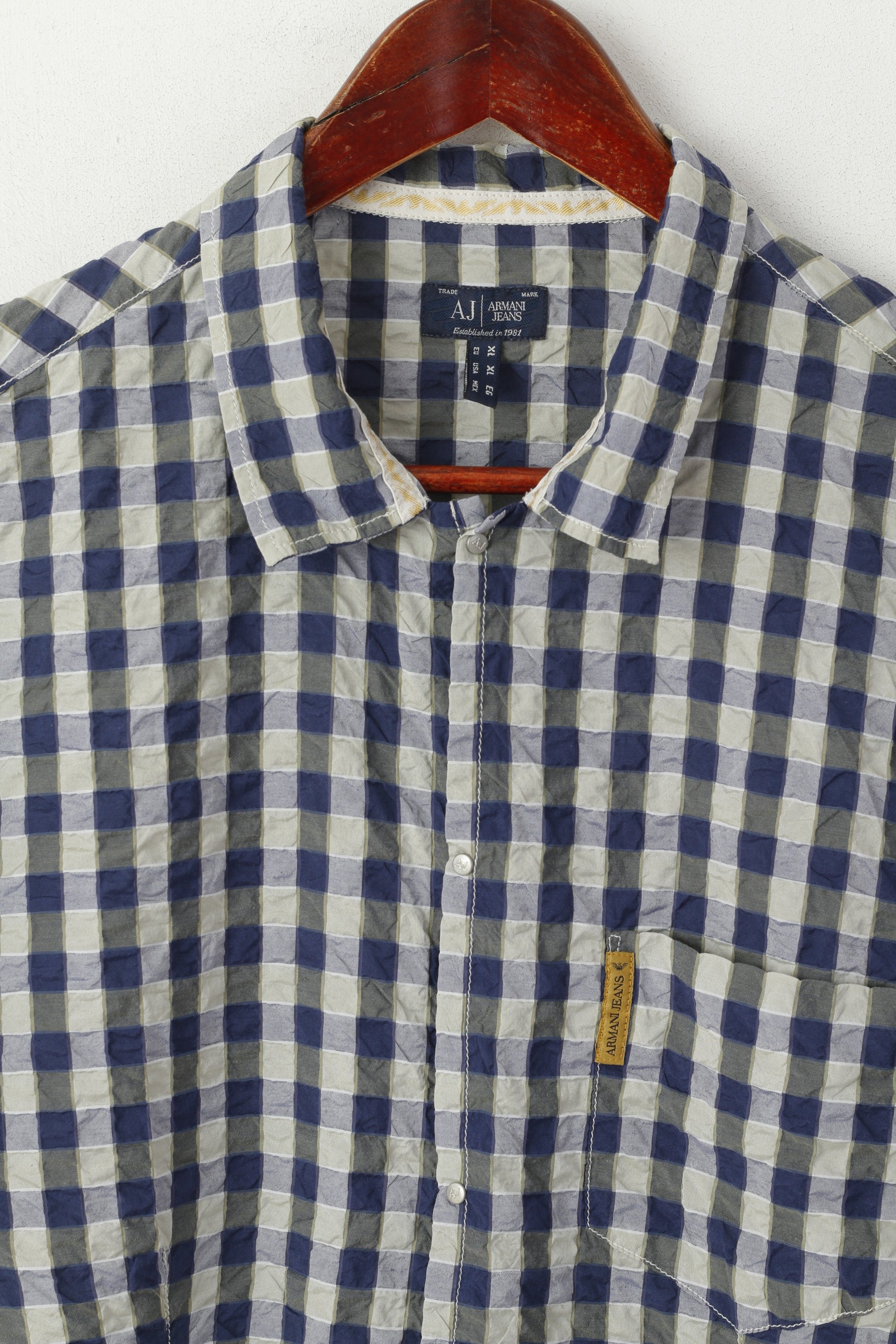 Armani Jeans Men XL (L) Casual Shirt Navy Check Cotton Crinkled Thin Fabric Top