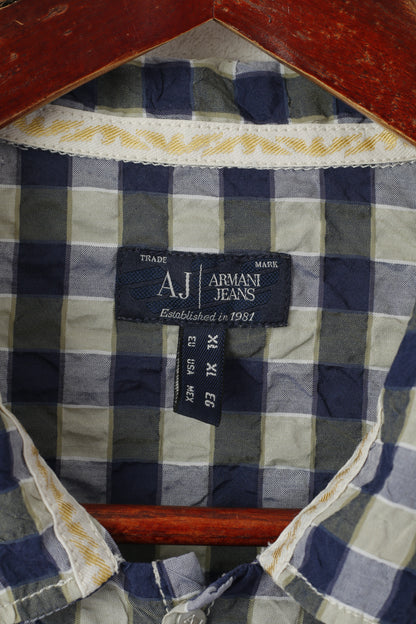 Armani Jeans Uomo XL (L) Camicia casual Top in tessuto sottile increspato di cotone a quadri blu scuro